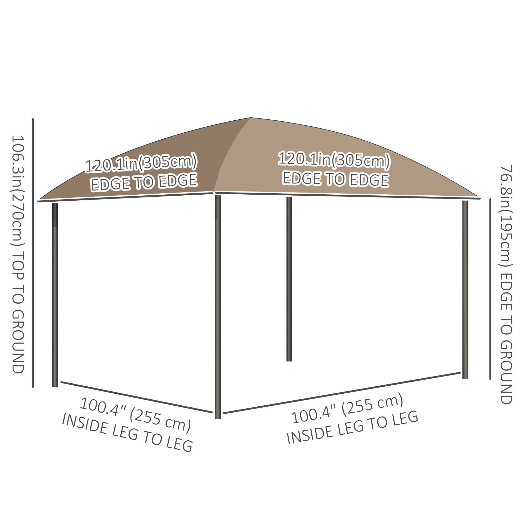 Dimensions of the Outsunny 10' X 10' Hardtop Gazebo, highlighting edge-to-edge and inside measurements, suitable for outdoor gatherings.