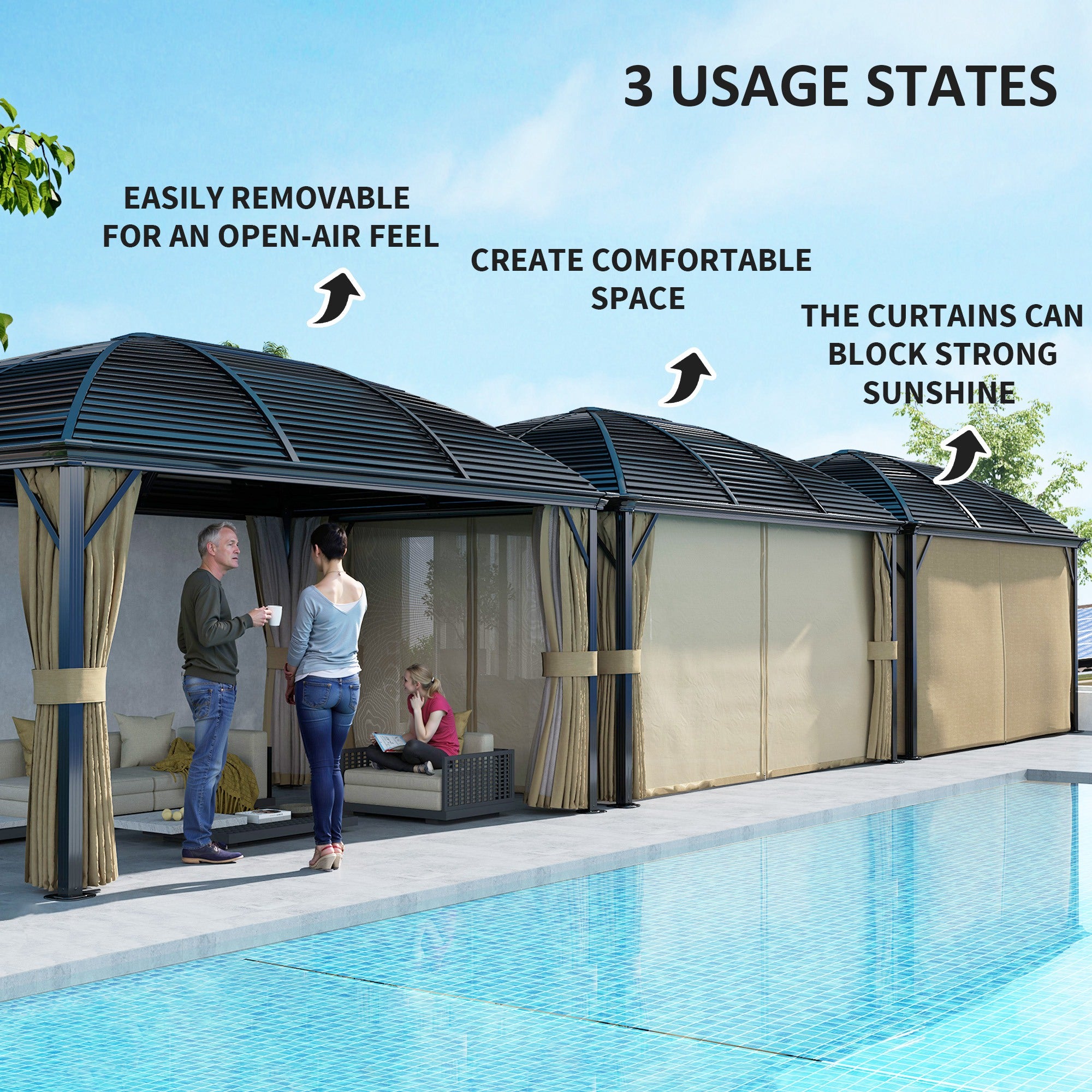Outsunny 10' x 13' Hardtop Aluminum Gazebo showcasing three usage states: curtains for privacy, an open-air feel, and blocked sunshine, perfect for outdoor relaxation.