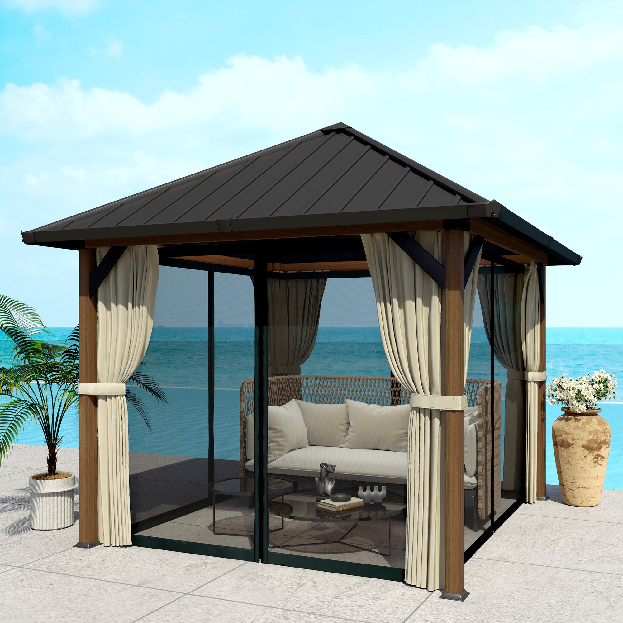 Outsunny 10' x 10' Waterproof Hardtop Metal Gazebo set up on a patio with soft furnishings and curtains, perfect for outdoor gatherings.