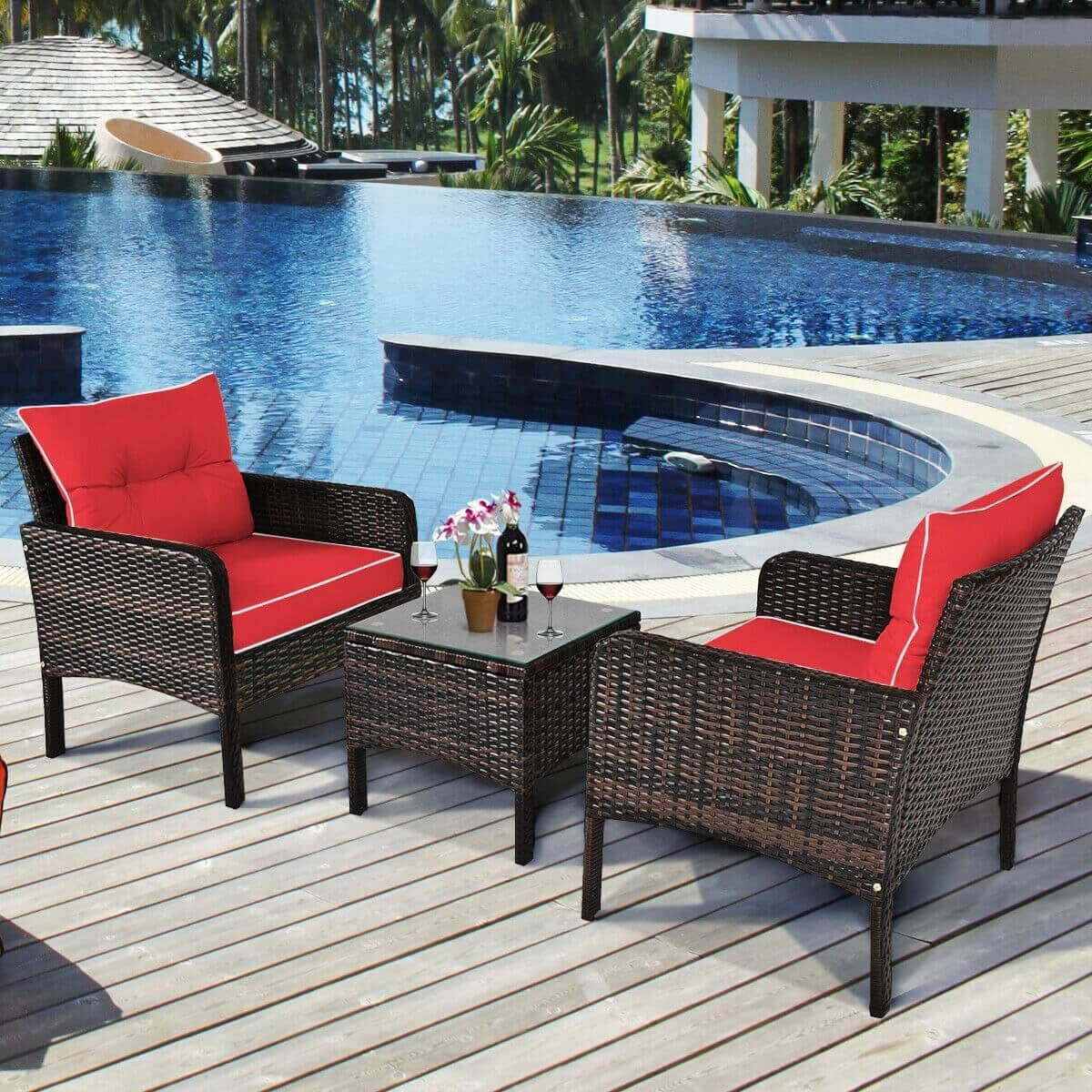 Elegant 3-Piece Outdoor Patio Rattan Conversation Set with Red Cushions by the poolside, ideal for relaxation and gatherings.