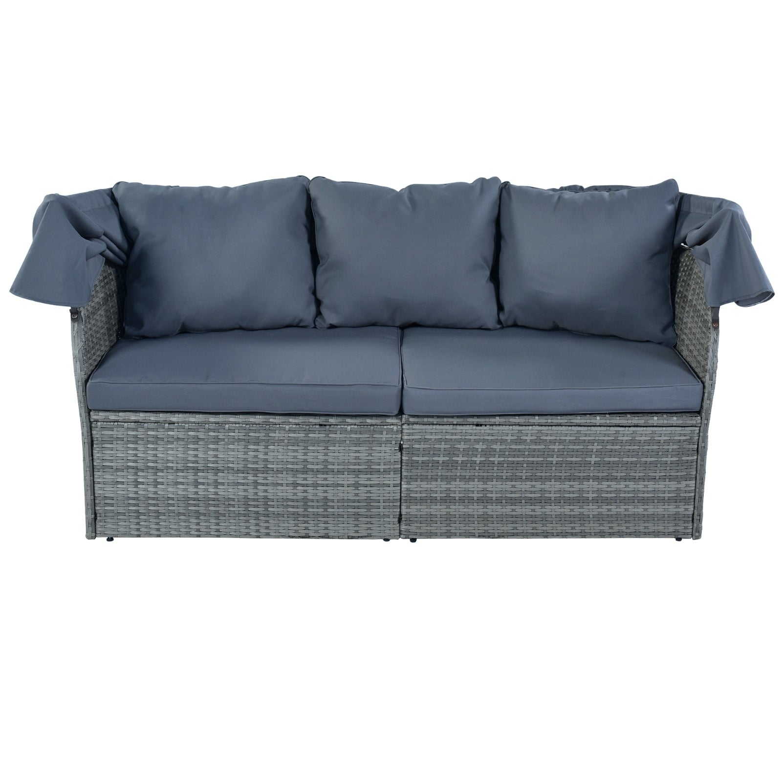 U STYLE Outdoor Wicker Daybed Sunbed Set with Canopy by Dream Yard Oasis, showcasing the sofa with stylish gray cushions, ideal for outdoor lounging.