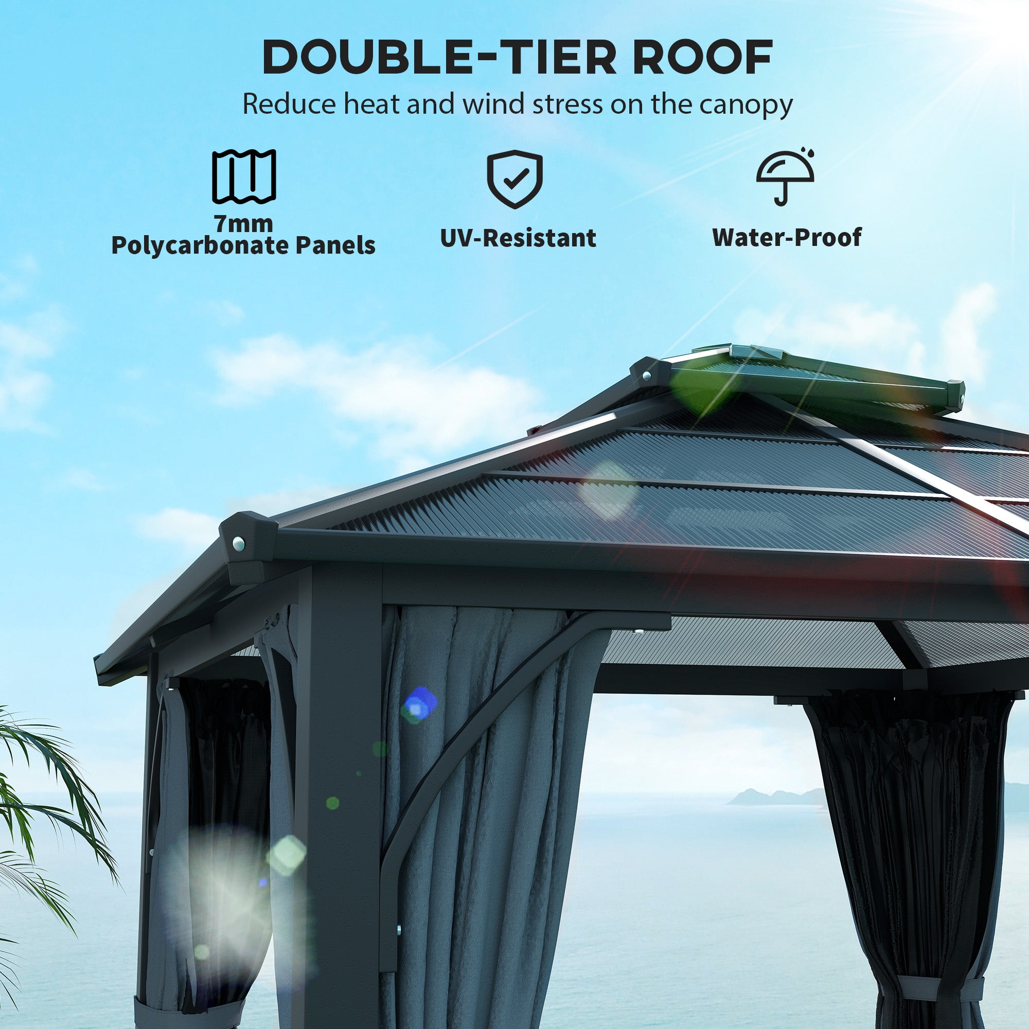Close-up of the double-tier roof of the Outsunny 10' x 10' Hardtop Gazebo, highlighting UV-resistant polycarbonate panels and water-proof features.