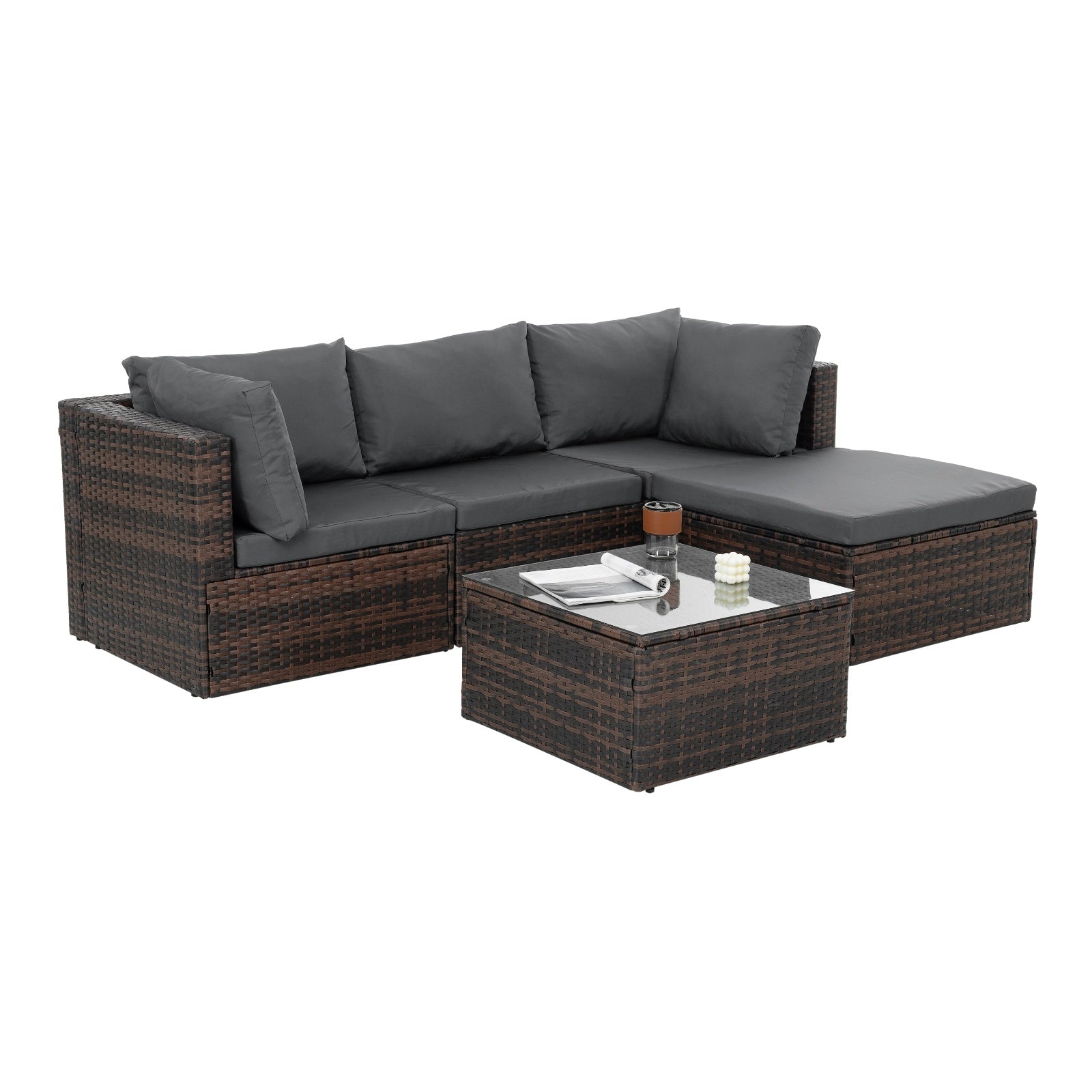 Dream Yard Oasis™ 5-Piece Brown PE Wicker Patio Furniture Set for 4, featuring a sectional sofa and coffee table in a stylish arrangement on a patio.