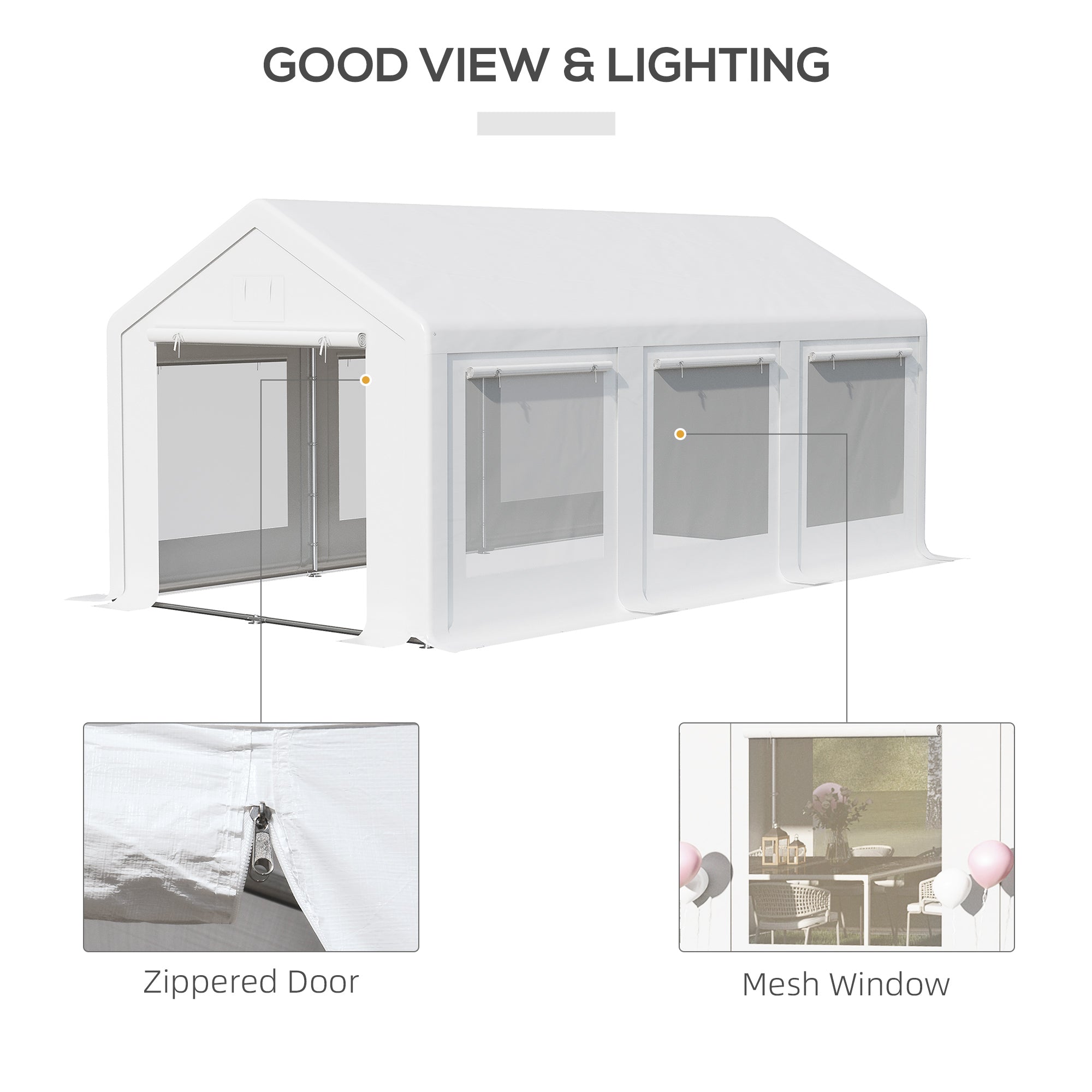 Close-up features of the Outsunny 20' x 10' Outdoor Party Tent Canopy showing the zippered door and mesh windows for good view and lighting.