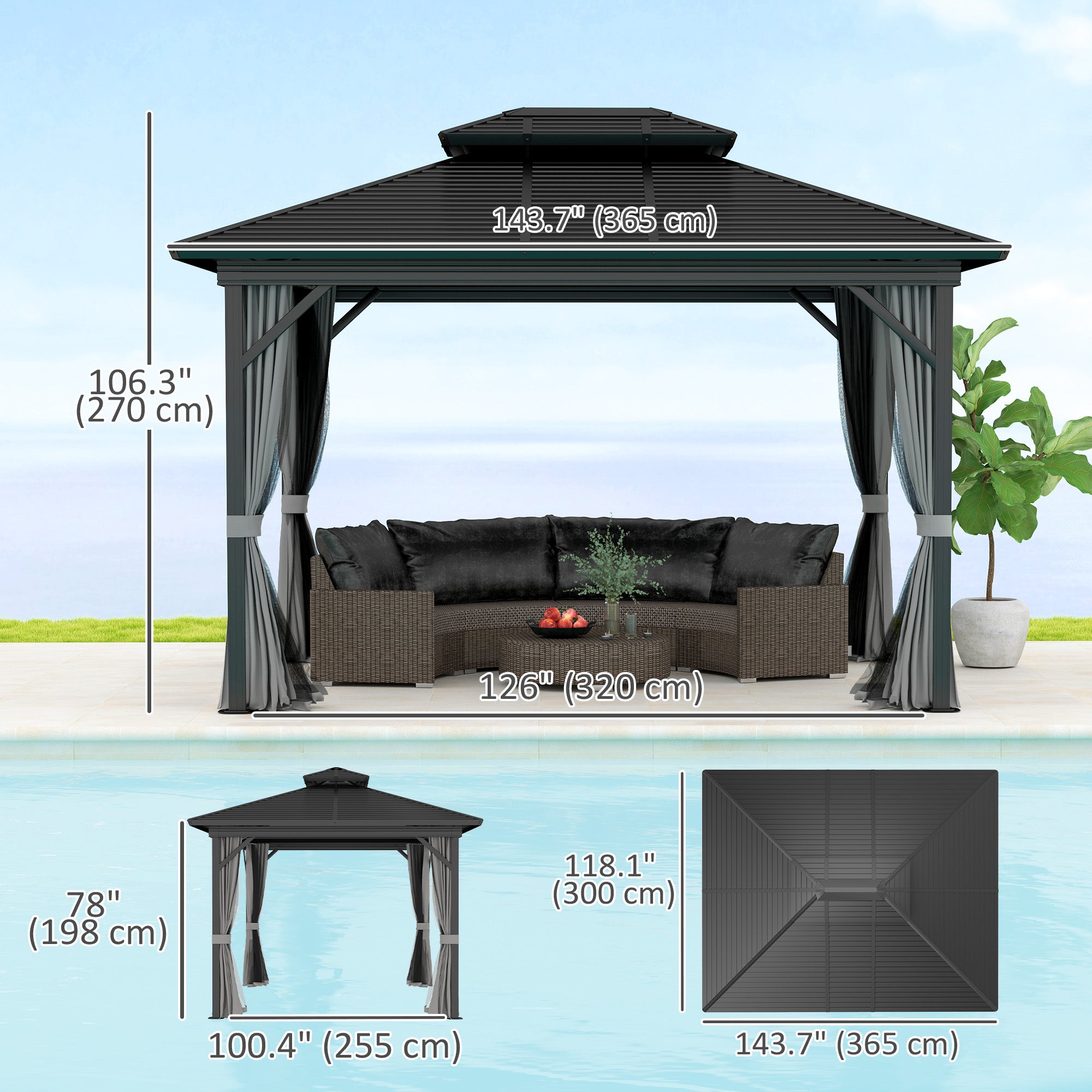 Dimensions of the Outsunny 10' x 12' Hardtop Gazebo displayed near a luxurious outdoor living space, showcasing its spacious design.