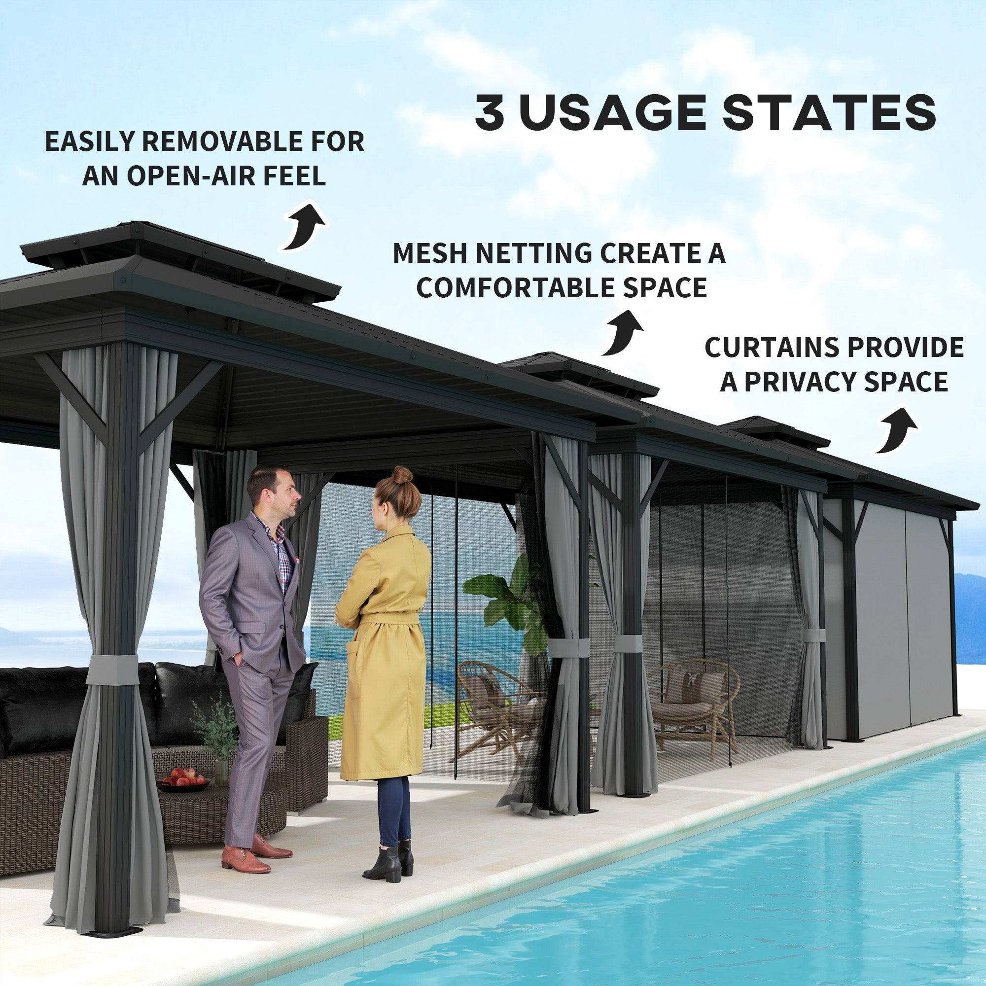 Image displaying the versatility of the Outsunny 10' x 12' Hardtop Gazebo with different usage states, including open-air and privacy options.