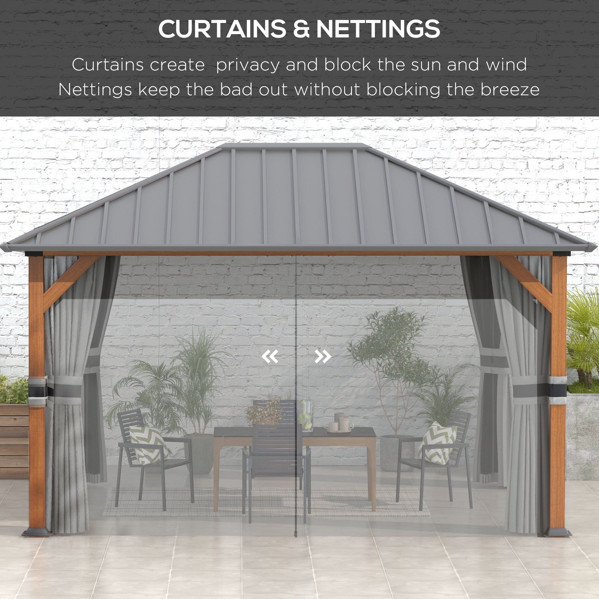 Outsunny 13' x 10' Hardtop Gazebo equipped with curtains and nettings, enhancing privacy while allowing airflow, perfect for outdoor gatherings.