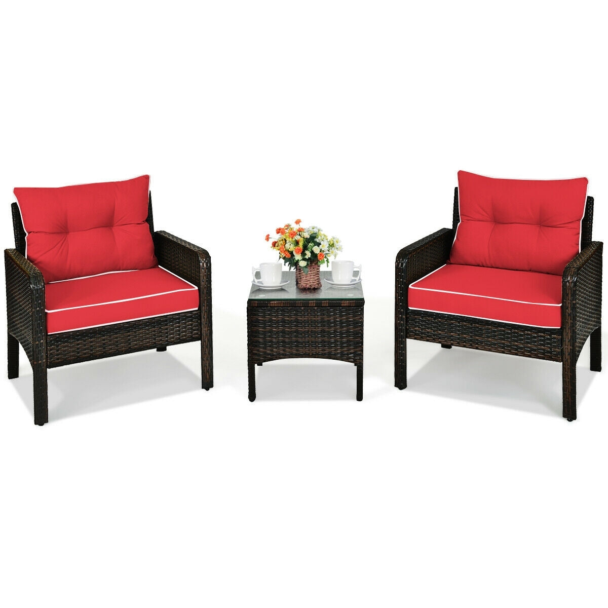 3-Piece Outdoor Patio Rattan Conversation Set with Red Cushions, showcasing a cozy arrangement with a flower centerpiece.