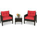 3-Piece Outdoor Patio Rattan Conversation Set with Red Cushions, showcasing a cozy arrangement with a flower centerpiece.