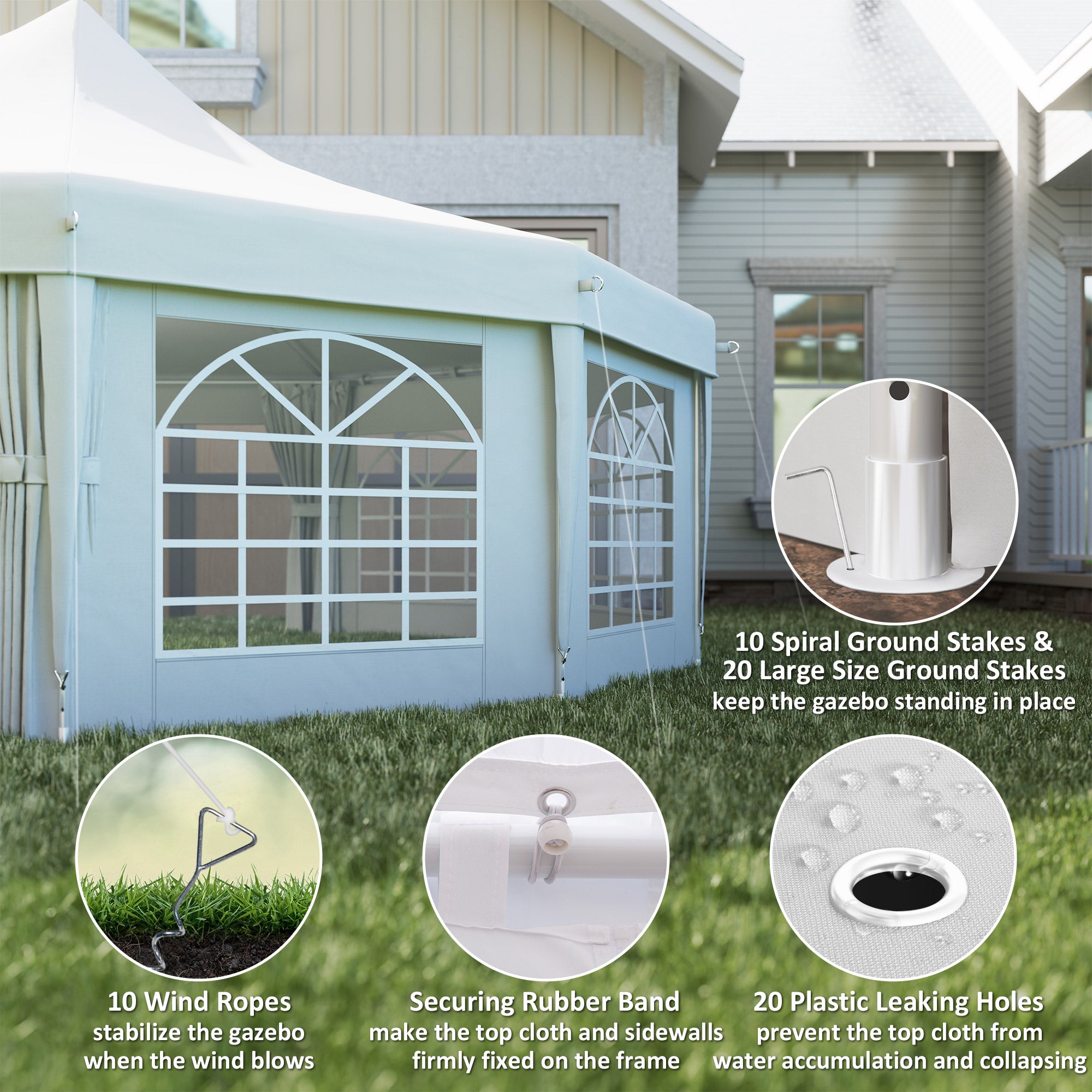 Close-up of the High Peak Decagonal Party Tent's features including sturdy ground stakes, wind ropes, and plastic leaking holes for optimal stability and drainage.