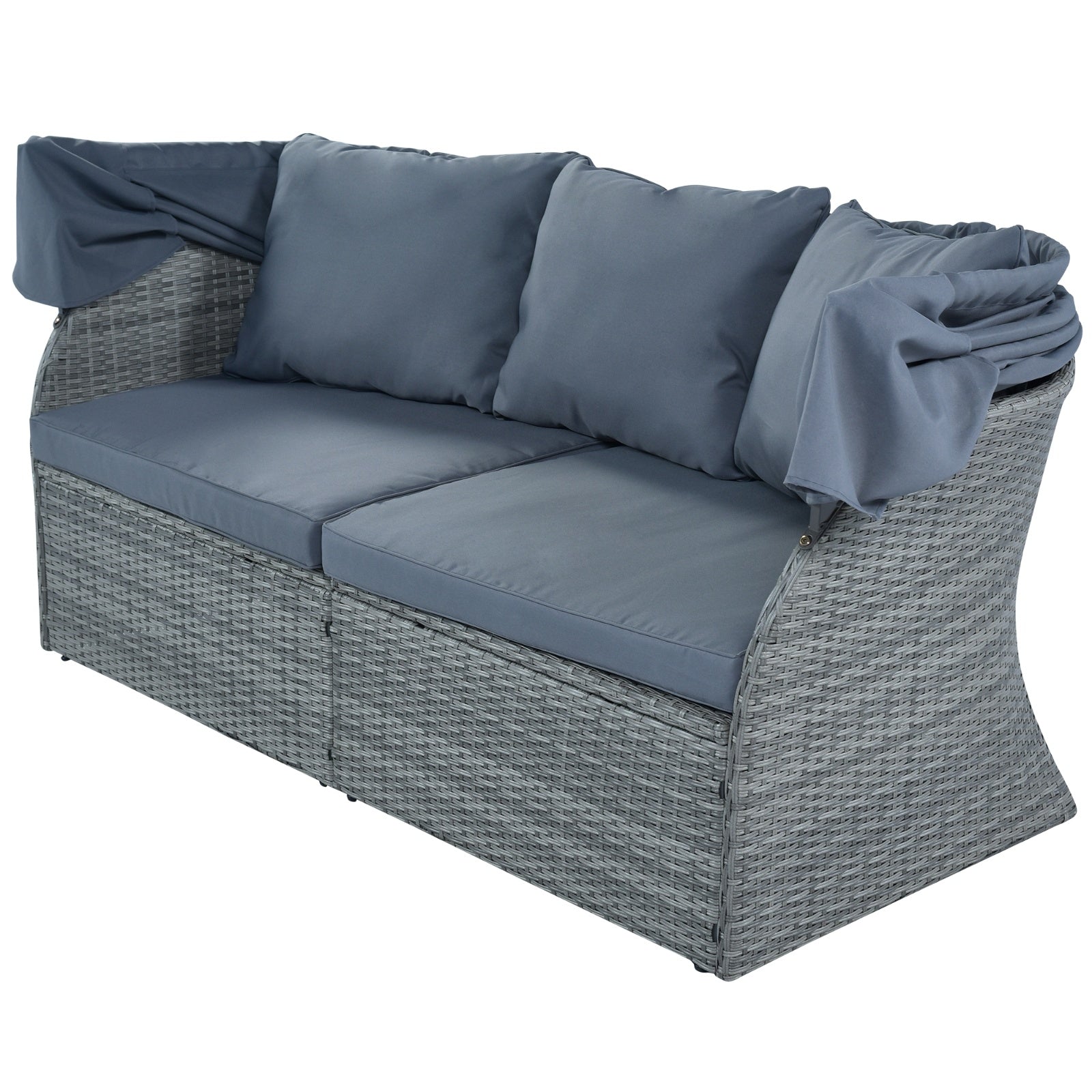 Elegantly designed gray wicker sofa with thick cushions, included in the U STYLE Outdoor Wicker Daybed Sunbed Set with Canopy by Dream Yard Oasis.