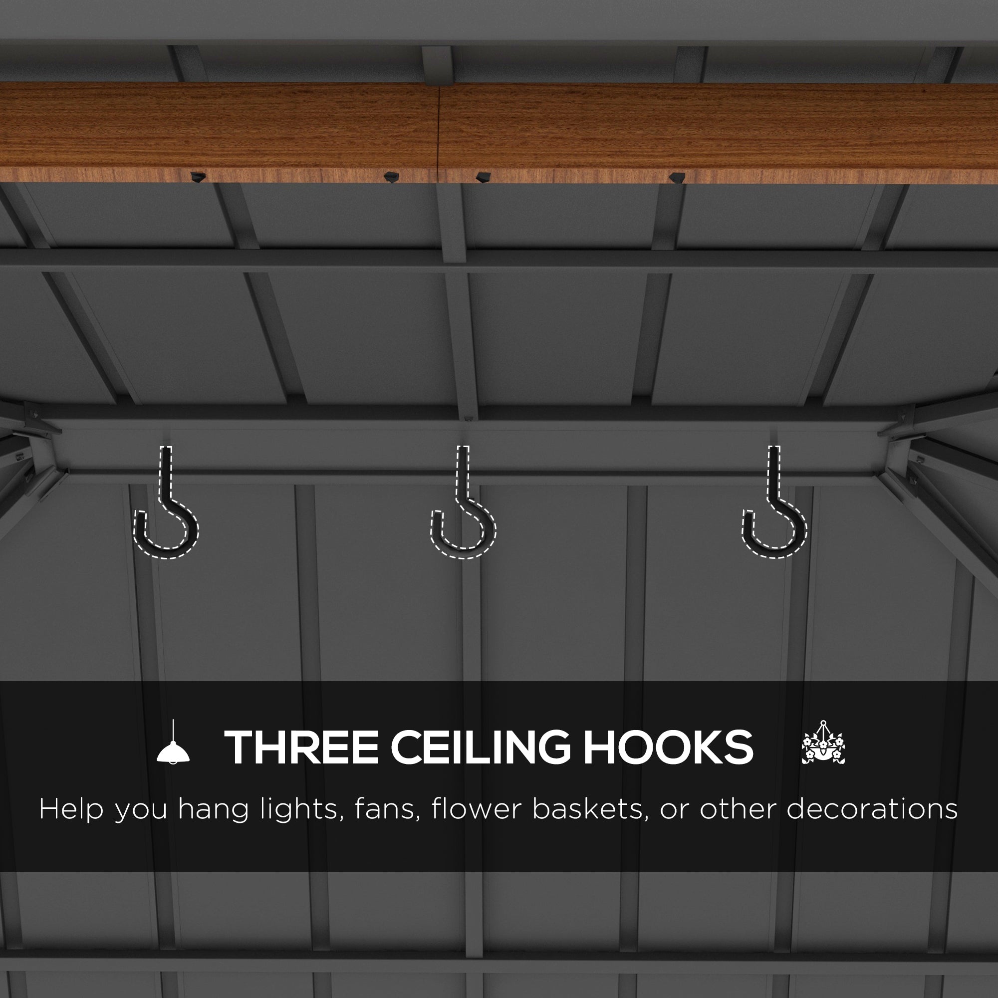 Interior view of the Outsunny 13' x 10' Hardtop Gazebo showing three ceiling hooks, perfect for hanging lights or decorations for your outdoor space.