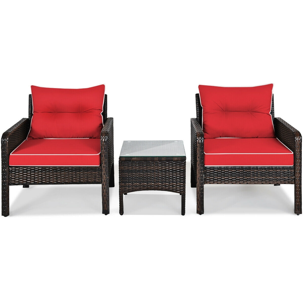Chic 3-Piece Outdoor Patio Rattan Conversation Set with Red Cushions presented with clear backgrounds, highlighting its durable design.