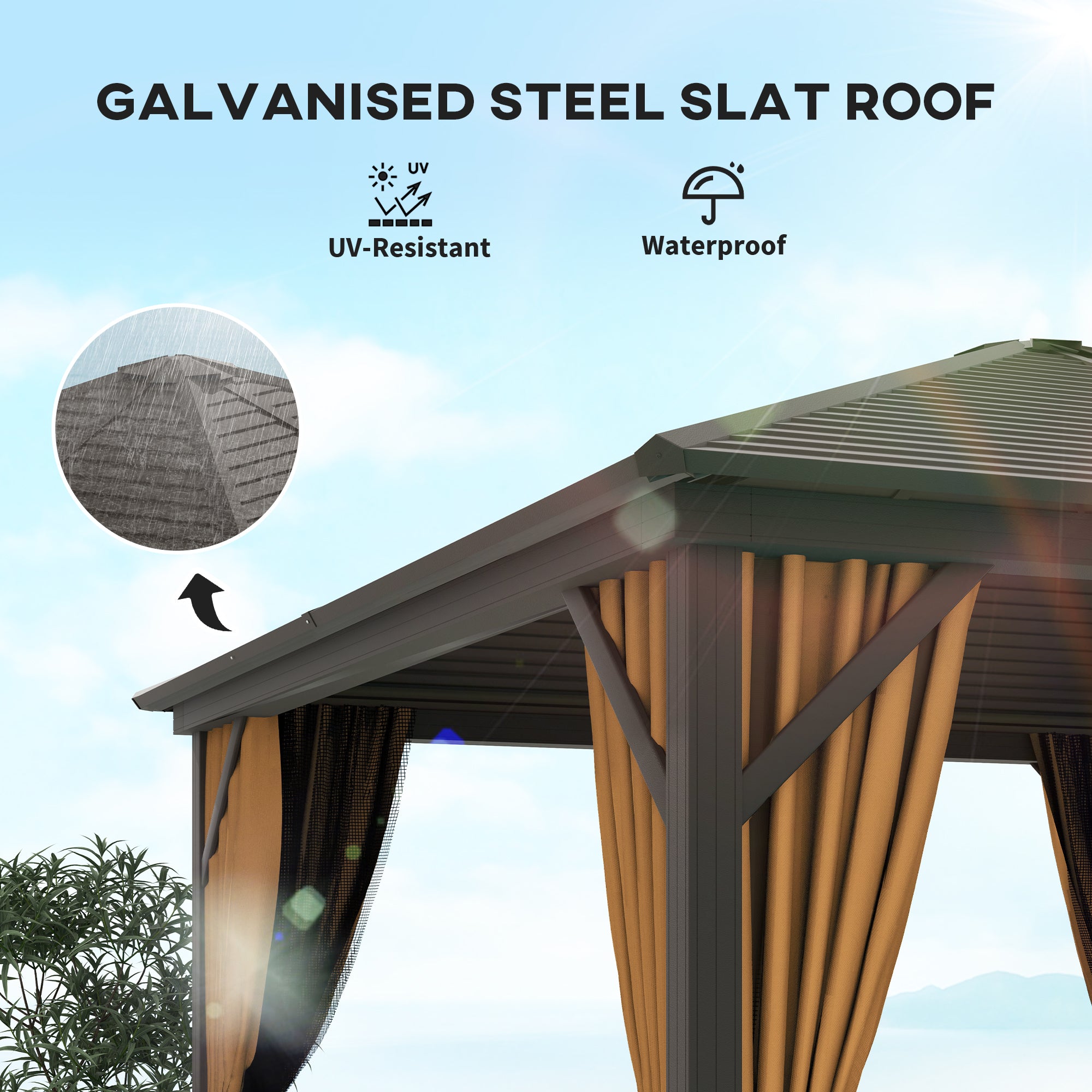 Detailed view of the Outsunny 10' x 10' Hardtop Aluminum Gazebo roof, highlighting the galvanized steel construction featuring UV-resistance and waterproof qualities.