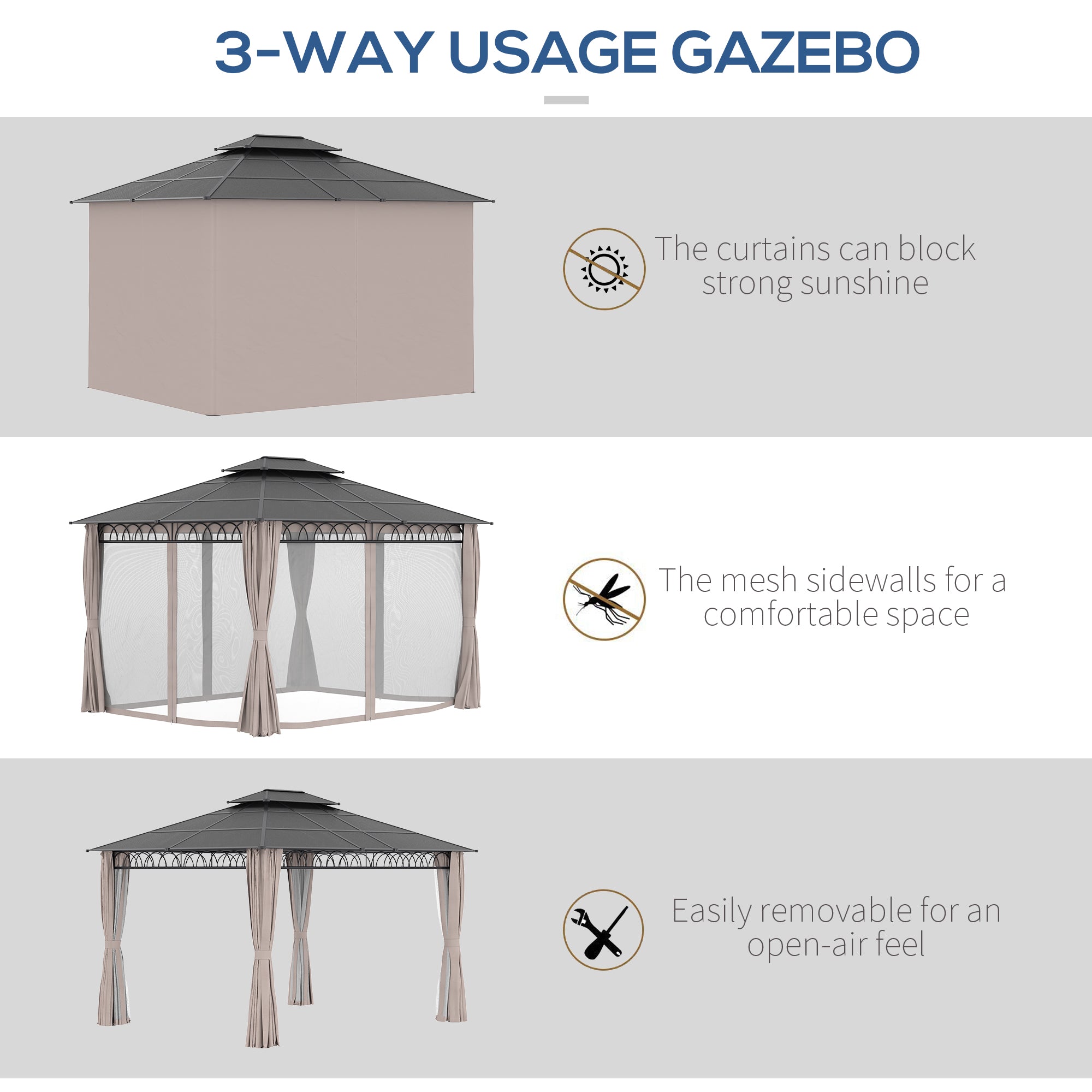 Outsunny 12' x 10' Double Roof Hardtop Gazebo showcasing three usage options with curtains for sun protection, mesh sidewalls for bug-free comfort, and removable design for an open-air feel.