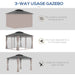 Outsunny 12' x 10' Double Roof Hardtop Gazebo showcasing three usage options with curtains for sun protection, mesh sidewalls for bug-free comfort, and removable design for an open-air feel.