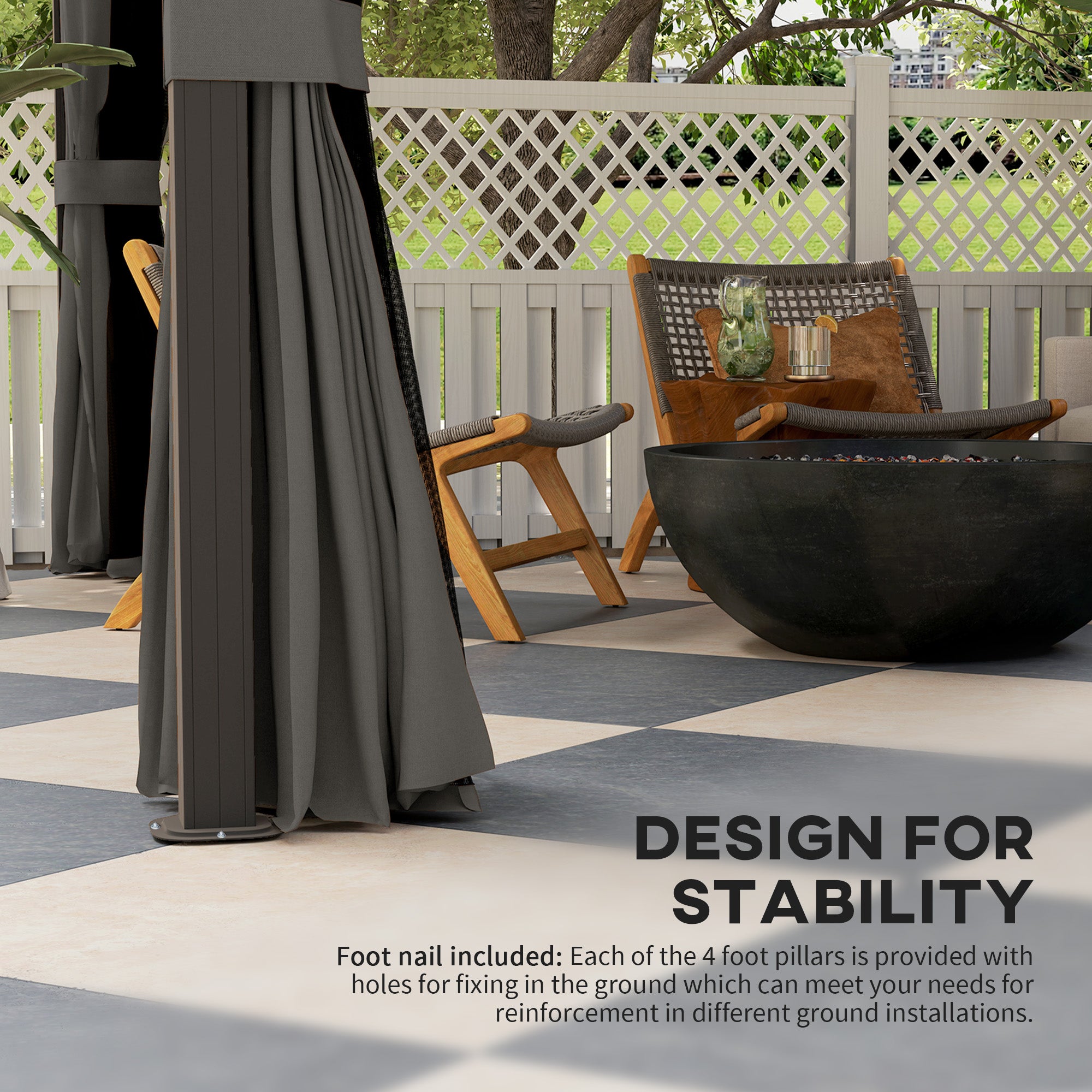 Outsunny 10' x 12' Hardtop Gazebo featuring the specially designed stability system, with foot nails provided for securing the structure to the ground.