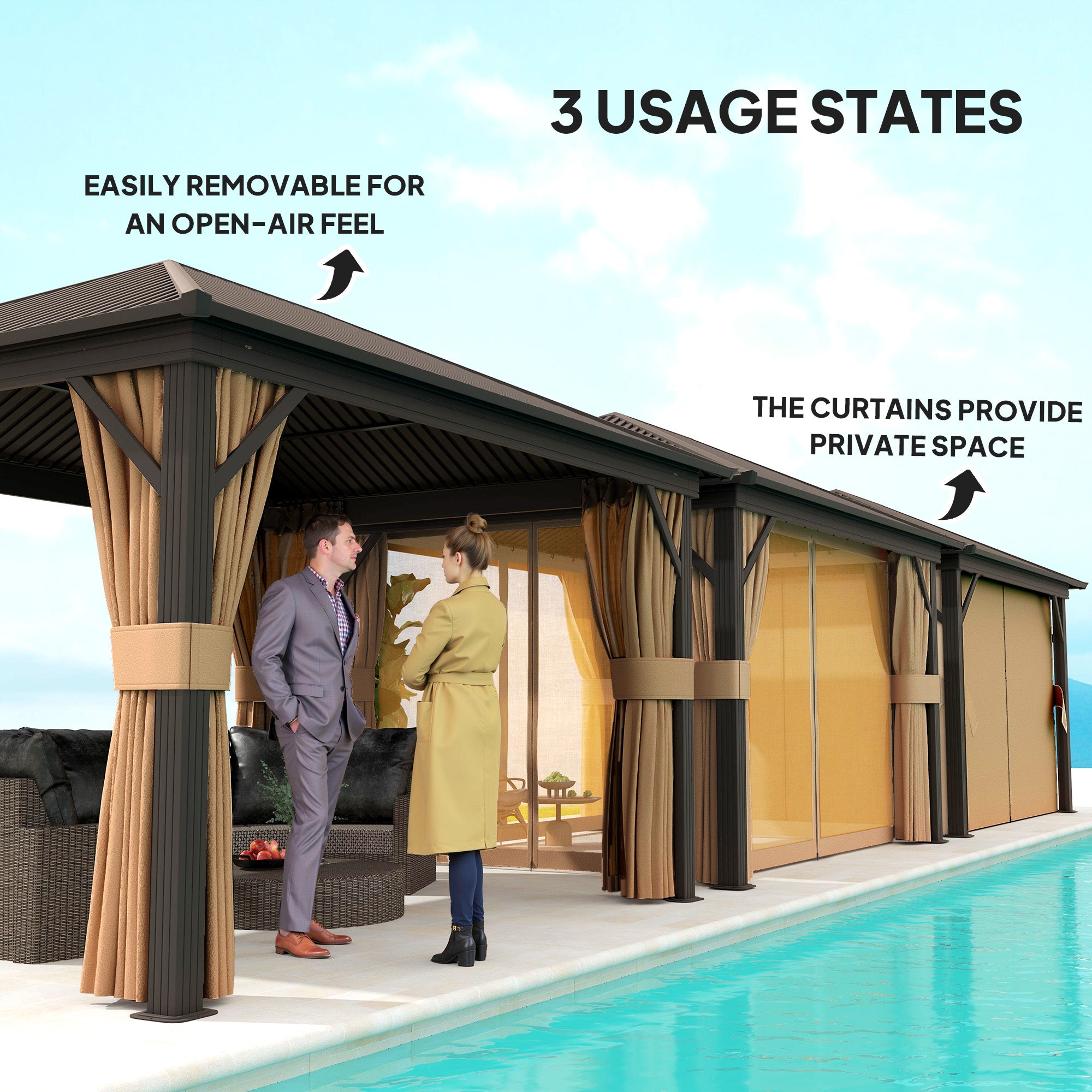 A couple enjoying conversation under the Outsunny 10' x 12' Hardtop Gazebo with Aluminum Frame, featuring removable curtains for privacy and an open-air feel. Designed by Dream Yard Oasis™, this stylish gazebo adds elegance to outdoor spaces.