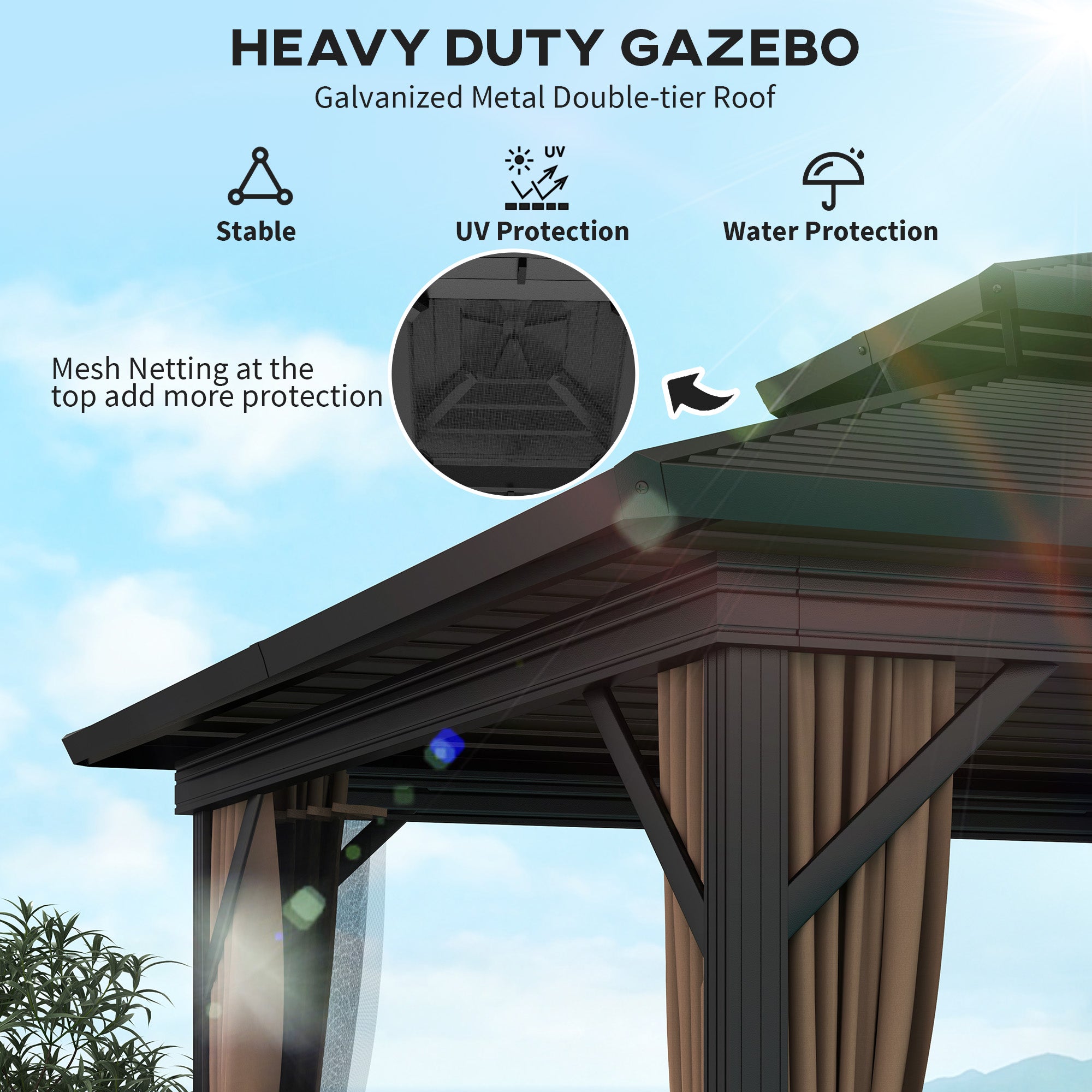 Close-up view of the Outsunny 10' X 10' Hardtop Gazebo illustrating heavy-duty features like a galvanized metal double-tier roof and mesh netting for UV and water protection.