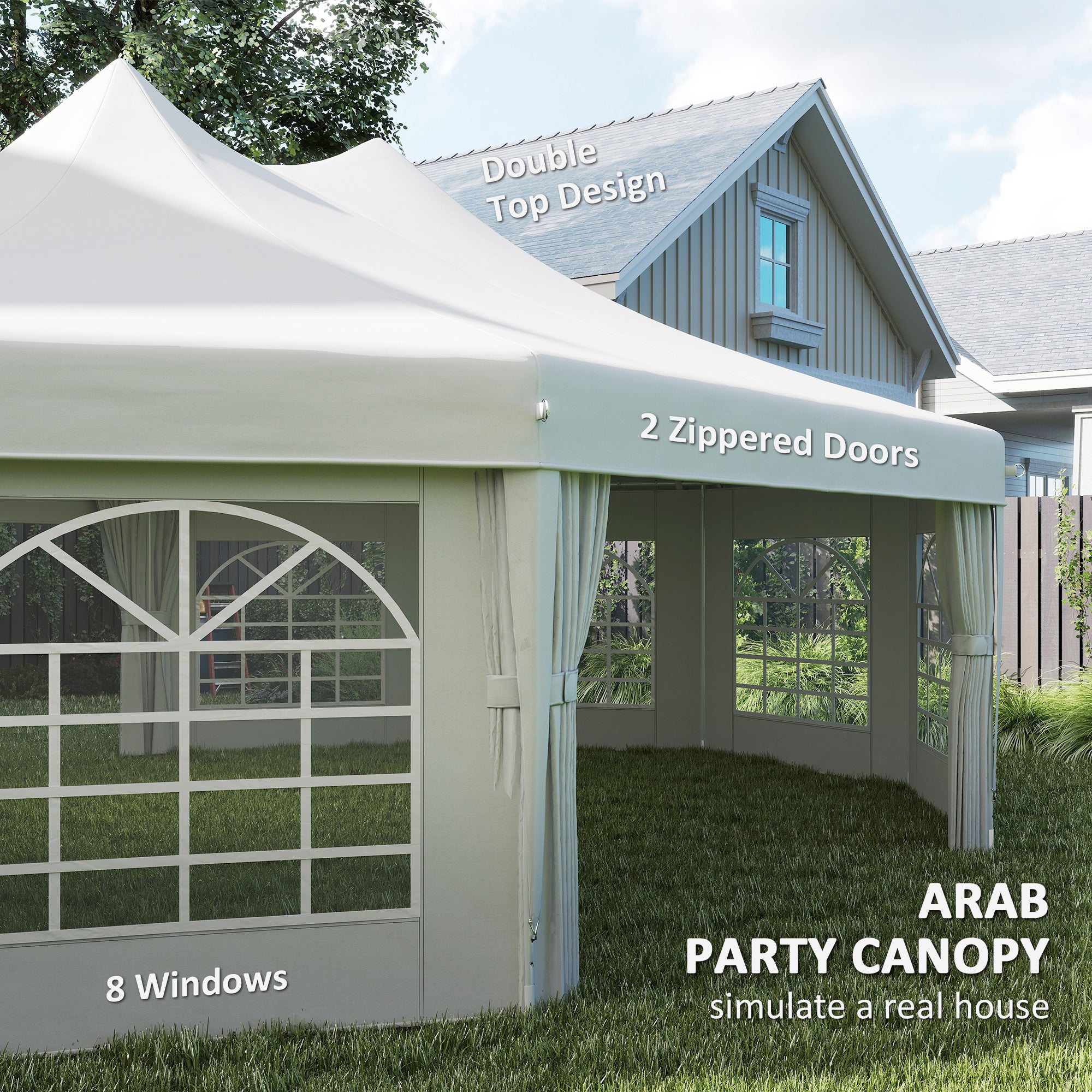 High Peak Decagonal Party Tent with a double top design, featuring 2 zippered doors and 8 windows, ideal for creating a lively party atmosphere.