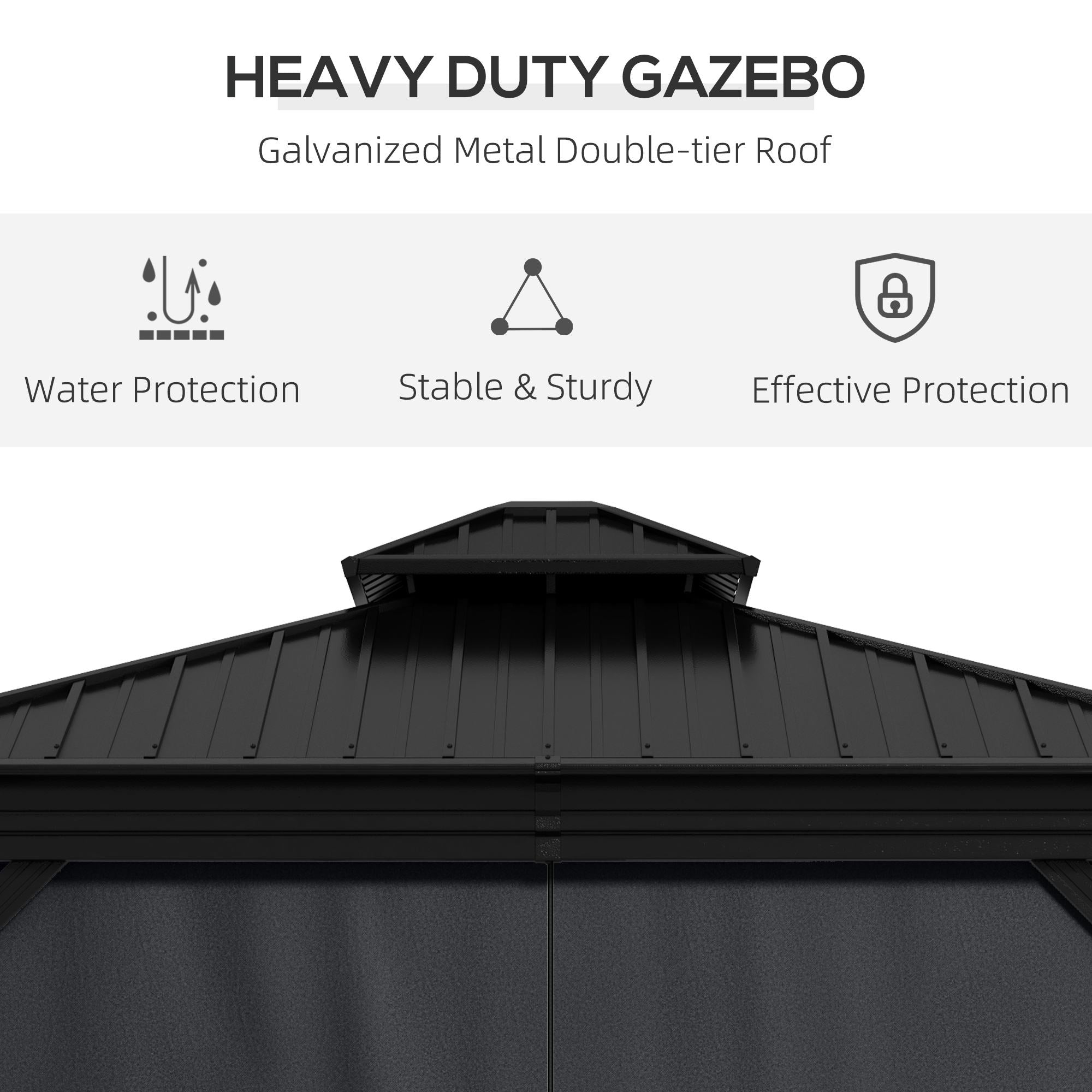 Heavy-duty design features of the Outsunny 10' x 12' Hardtop Gazebo, emphasizing water protection and sturdy construction for outdoor events.