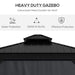Heavy-duty design features of the Outsunny 10' x 12' Hardtop Gazebo, emphasizing water protection and sturdy construction for outdoor events.