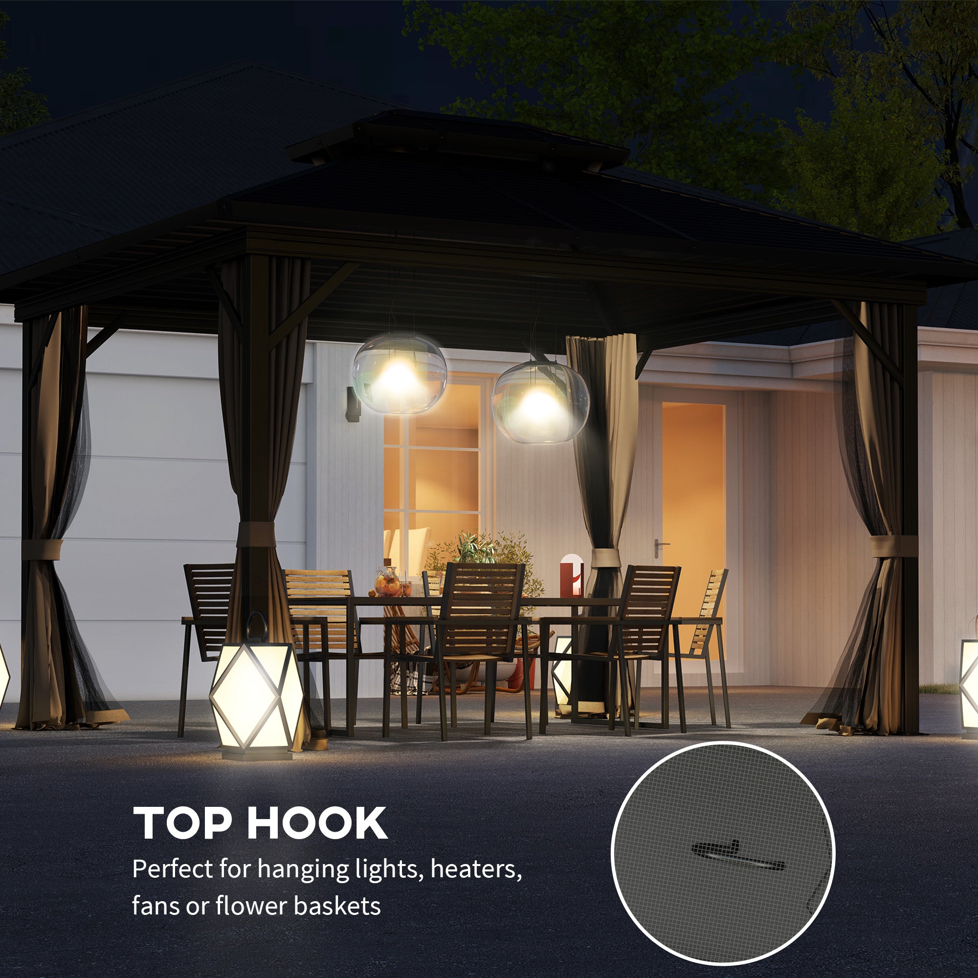 Outsunny 10' x 12' Hardtop Patio Gazebo showcasing its top hook for hanging lights, heaters, or plants, perfect for outdoor gatherings.