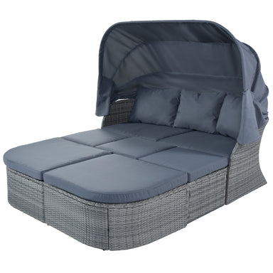 Close-up view of the U STYLE Outdoor Wicker Daybed Sunbed Set with Canopy by Dream Yard Oasis, featuring plush gray cushions and a retractable canopy for shade.