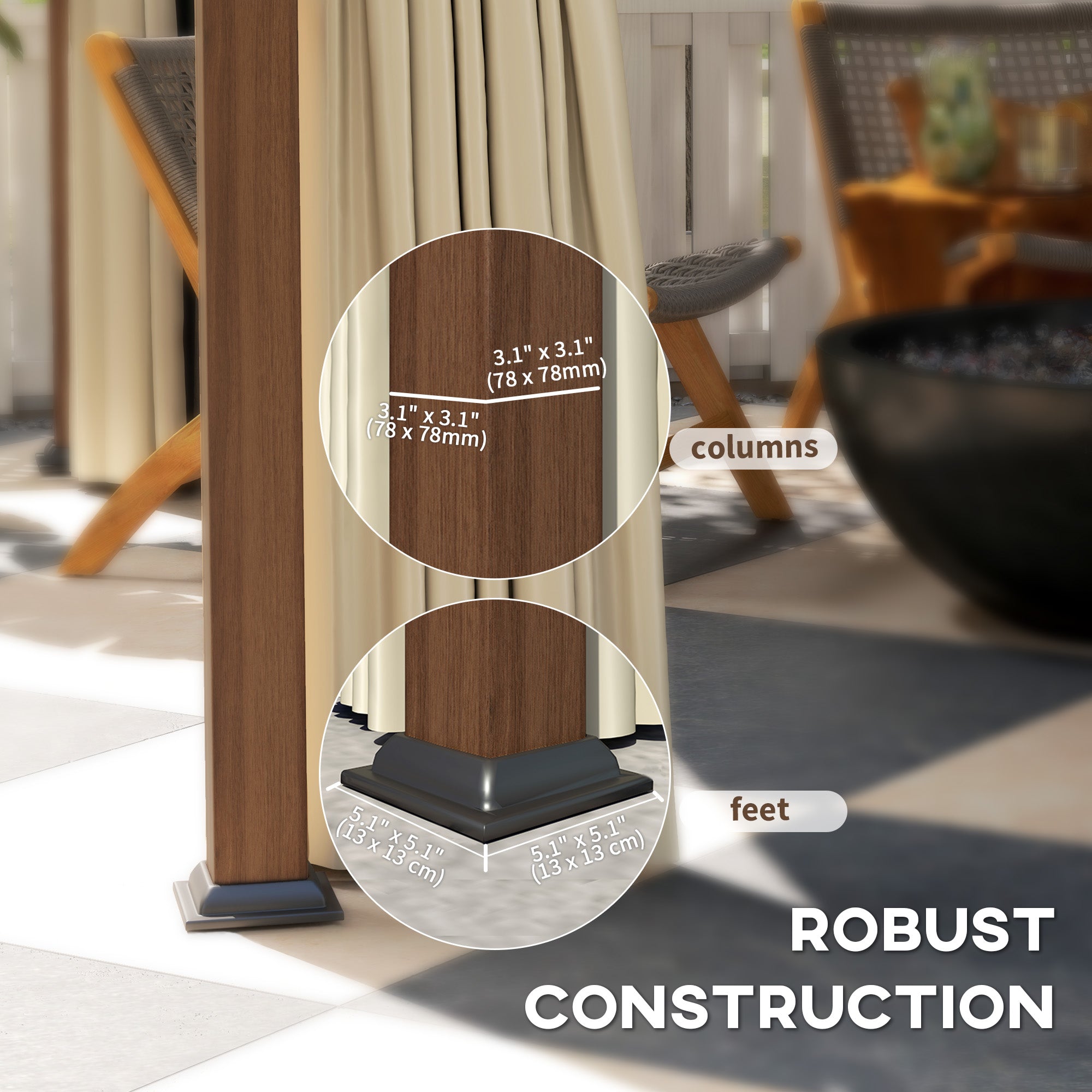 Robust construction details of the Outsunny 10' x 10' Waterproof Hardtop Metal Gazebo highlighting column and foot measurements.