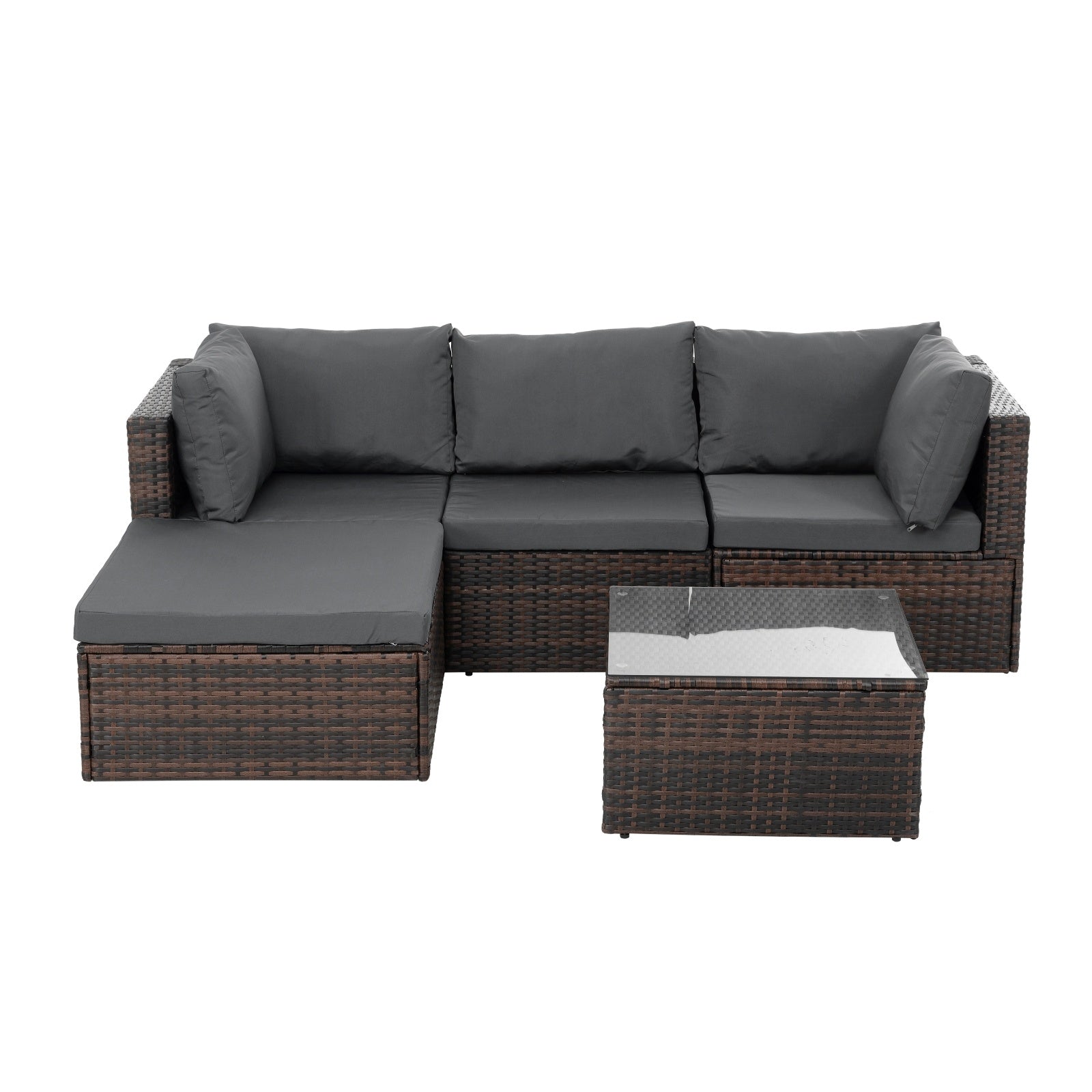 Dream Yard Oasis™ 5-Piece Brown PE Wicker Patio Furniture Set for 4 displayed with a sectional sofa arrangement and a glass-top coffee table. Perfect for outdoor relaxation.