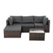 Dream Yard Oasis™ 5-Piece Brown PE Wicker Patio Furniture Set for 4 displayed with a sectional sofa arrangement and a glass-top coffee table. Perfect for outdoor relaxation.