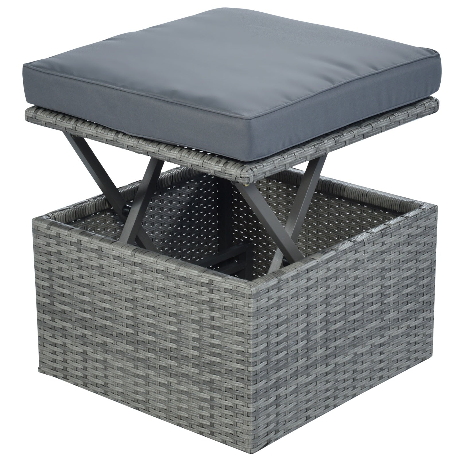 Stylish gray wicker ottoman with a cushion open to reveal storage, featured in the U STYLE Outdoor Wicker Daybed Sunbed Set with Canopy by Dream Yard Oasis.