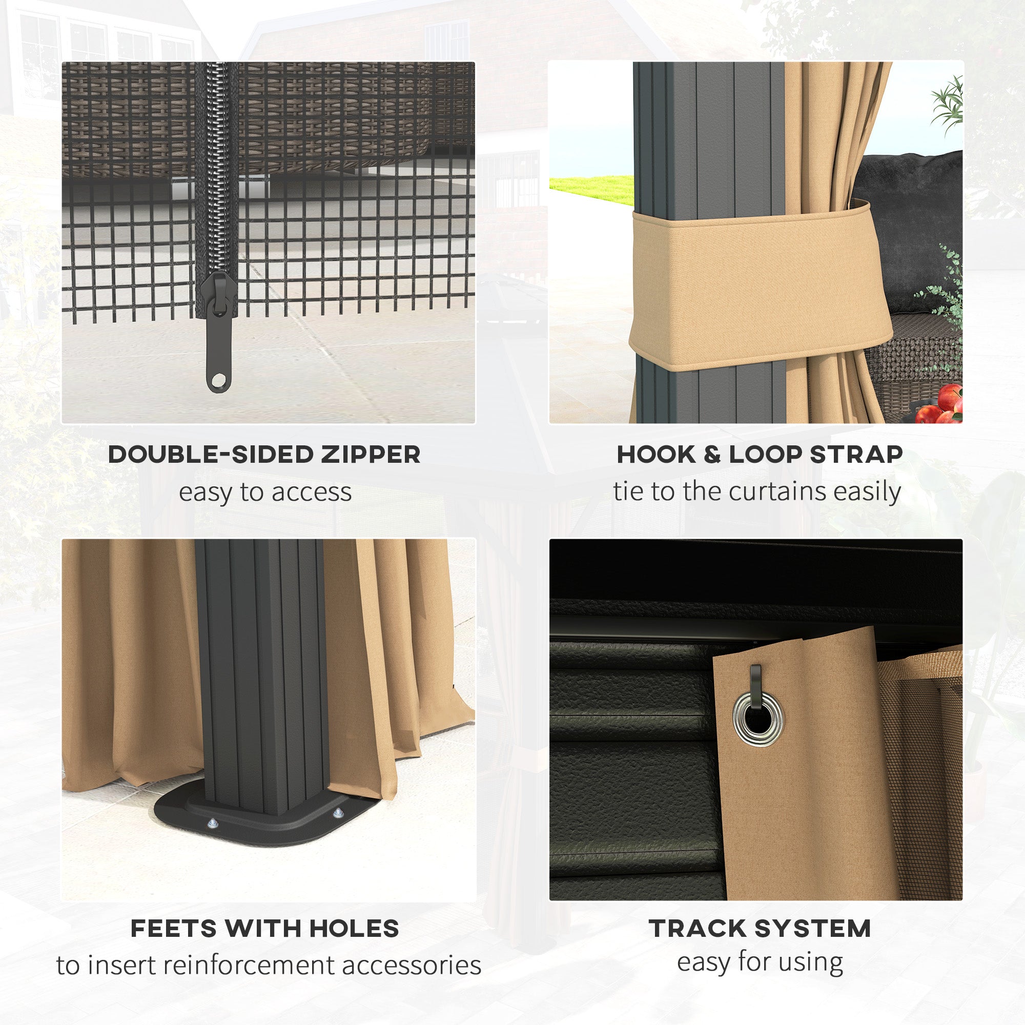 Close-up of the Outsunny 10' x 12' Hardtop Patio Gazebo features including double-sided zippers, hook and loop straps, and a track system for easy curtain operation.