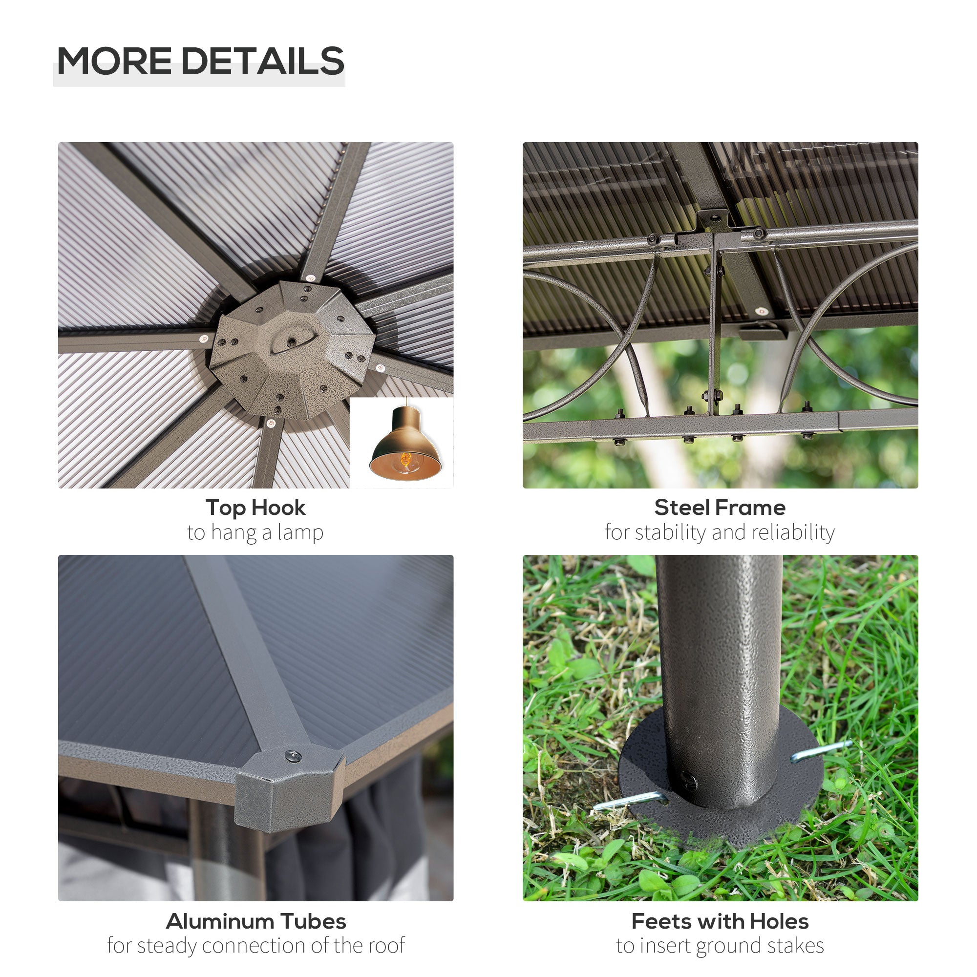 Detailed features of the Outsunny 10'x10' Hardtop Gazebo, including a sturdy steel frame, aluminum tubes, top hook for hanging lights, and ground stakes for stability.