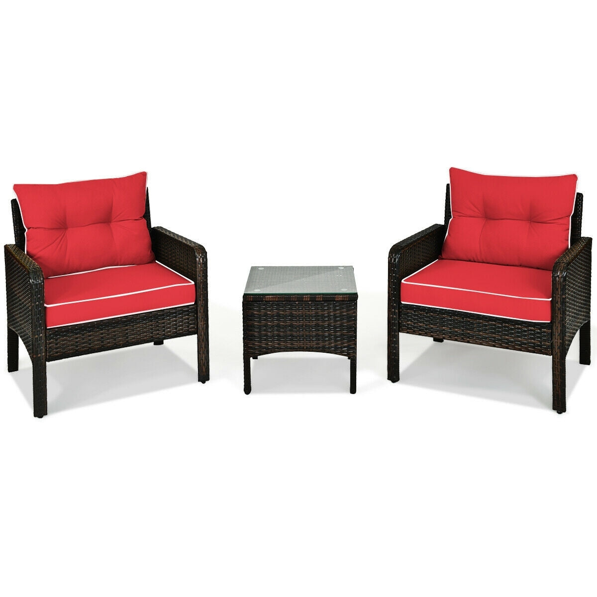 Cozy 3-Piece Outdoor Patio Rattan Conversation Set with Red Cushions displayed in a minimalist setting, showcasing its modern design.
