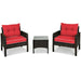 Cozy 3-Piece Outdoor Patio Rattan Conversation Set with Red Cushions displayed in a minimalist setting, showcasing its modern design.