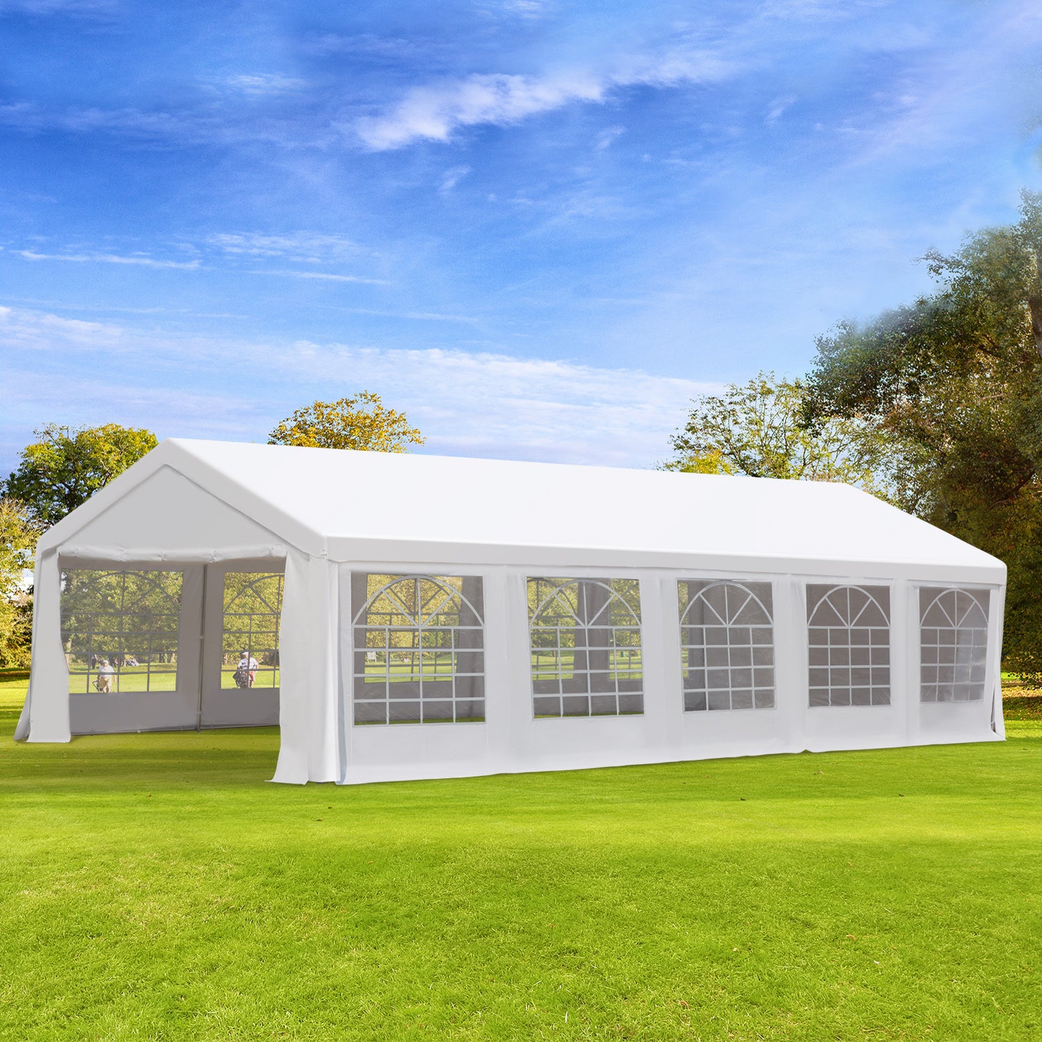 Outsunny 32'x16' Heavy Duty Steel Outdoor Wedding Canopy Tent with UV Protection & 4 Sidewalls set up in a lush green outdoor space under a bright blue sky. Perfect for weddings and outdoor events from Dream Yard Oasis™.