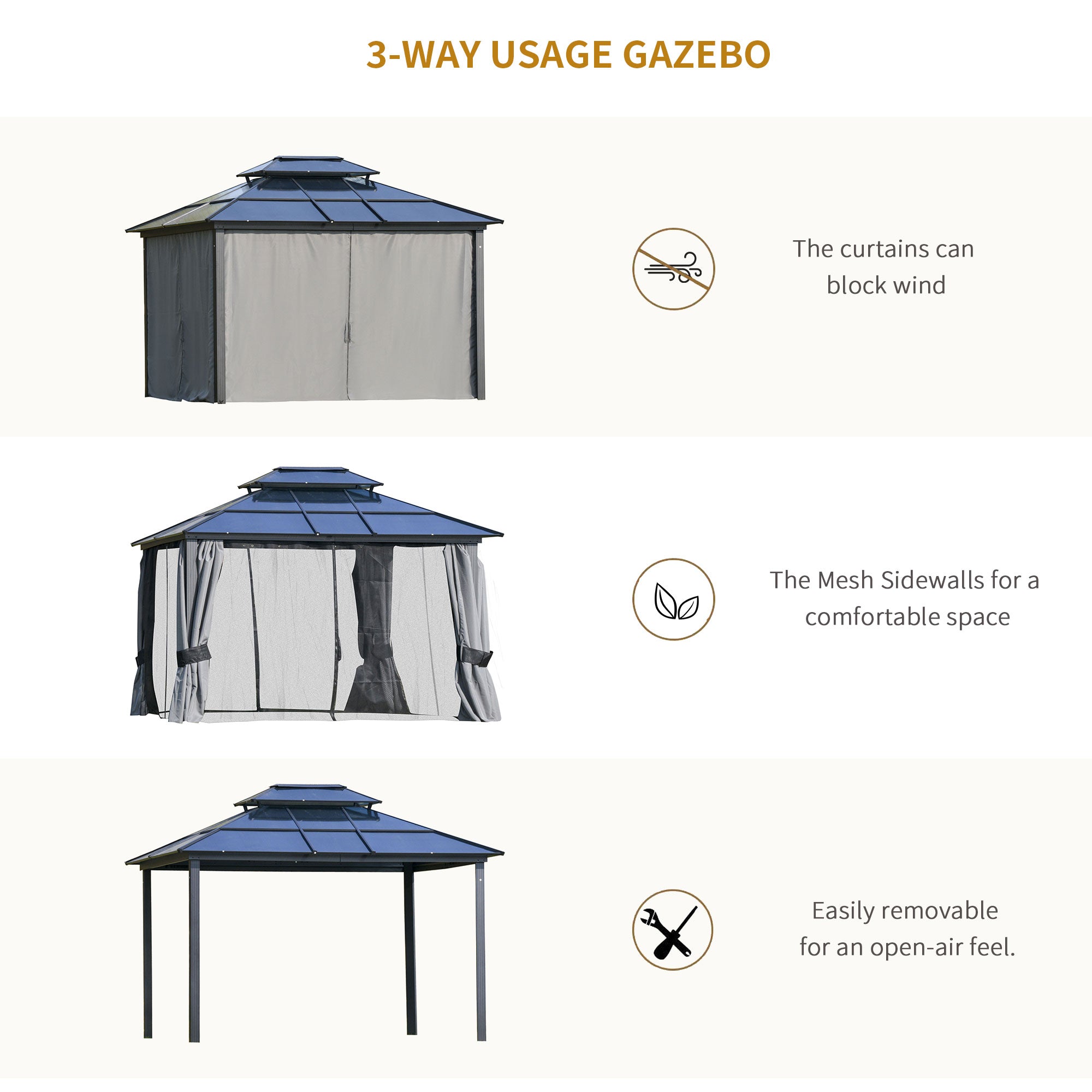 Outsunny 10'X12' Hardtop Gazebo showcases its versatile design with three usage options, including curtains for wind protection, mesh sidewalls for comfort, and an easily removable roof for an open-air feel.