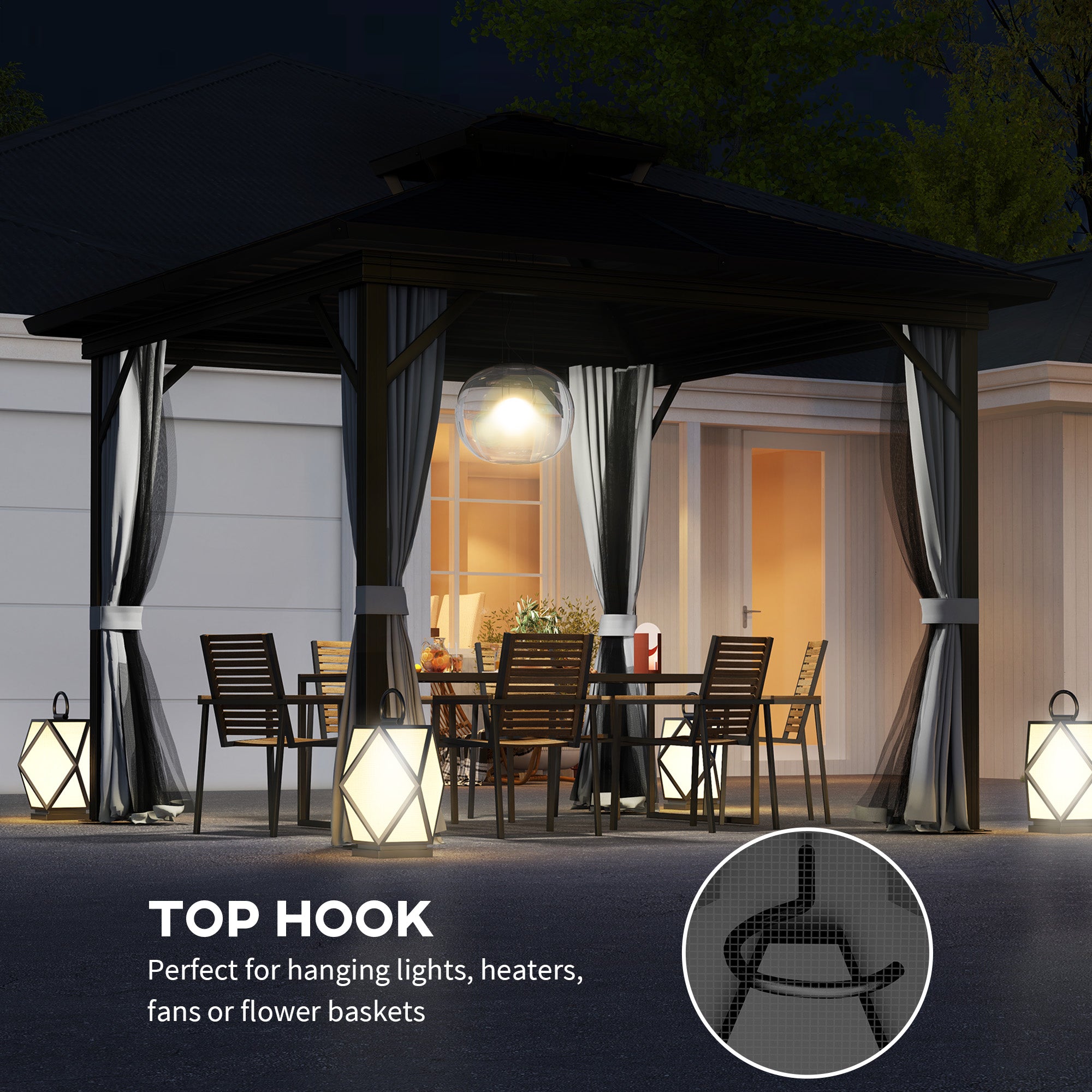 Nighttime setting of the Outsunny 10' x 10' Hardtop Patio Gazebo with hanging lights, showcasing its functionality for outdoor gatherings.
