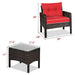 3-Piece Outdoor Patio Rattan Conversation Set with Red Cushions, displaying detailed measurements for each piece in the set.