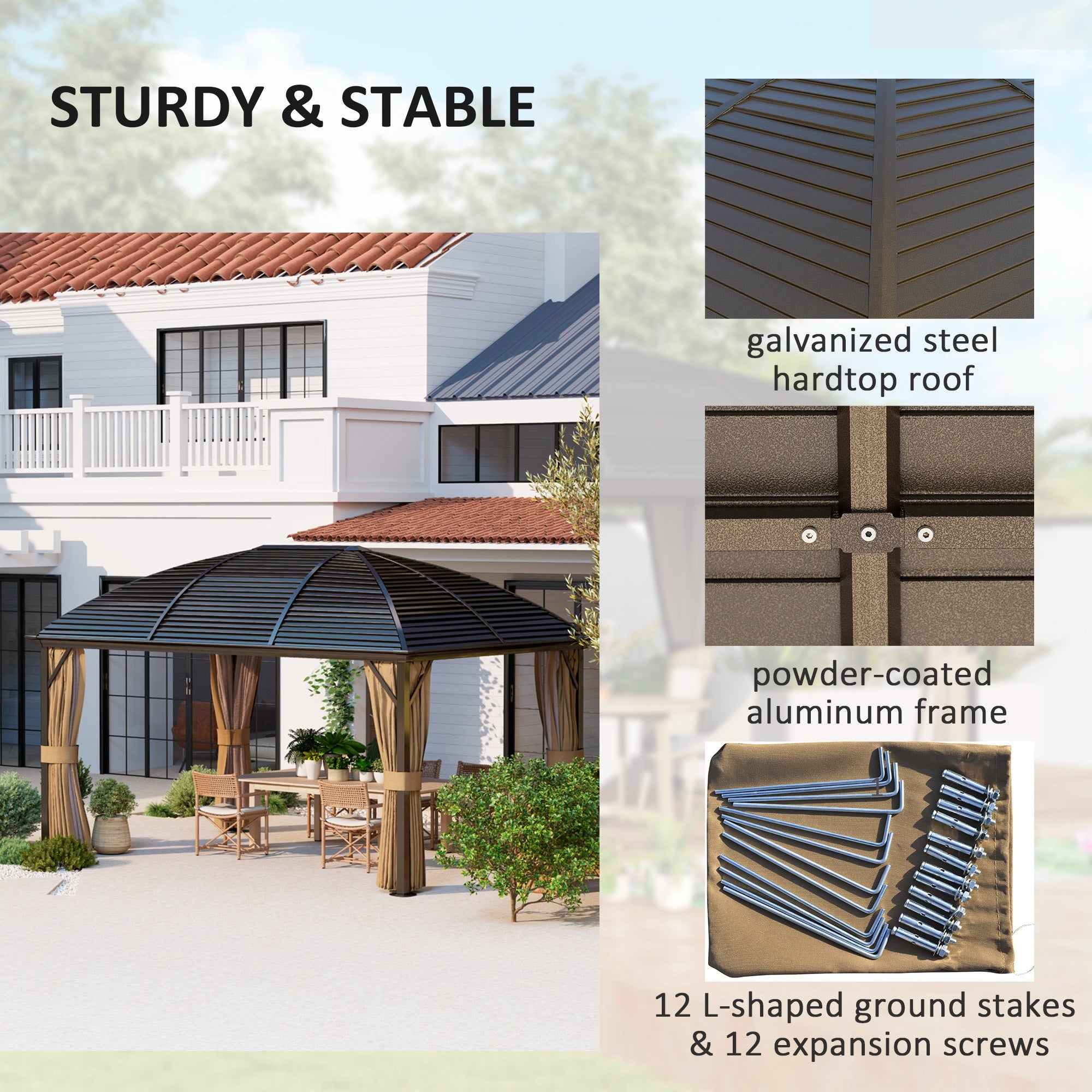 Outsunny 10' x 13' Hardtop Aluminum Gazebo highlighting its sturdy and stable features, including a galvanized steel hardtop roof and powder-coated aluminum frame for durability.