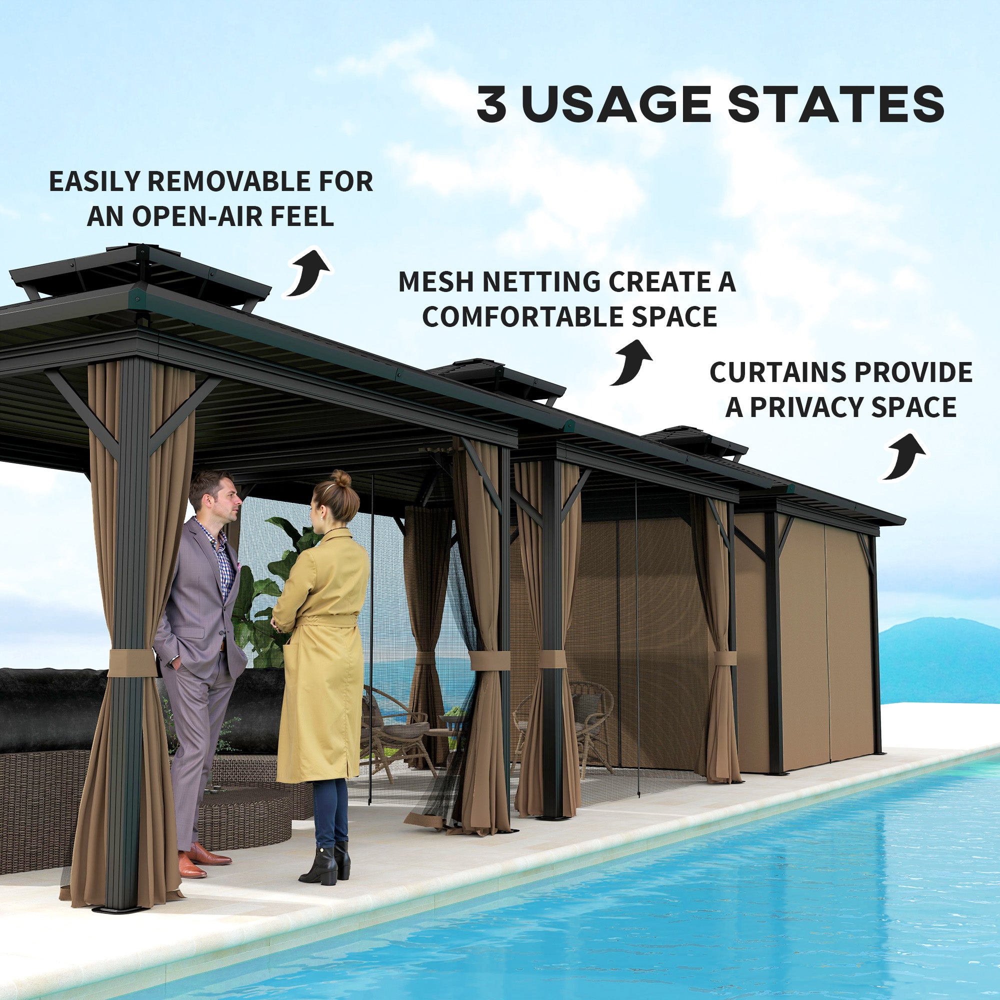 Outsunny 10' X 10' Hardtop Gazebo demonstrating three usage states: open-air feel, comfortable mesh netting, and privacy curtains for a versatile outdoor experience.
