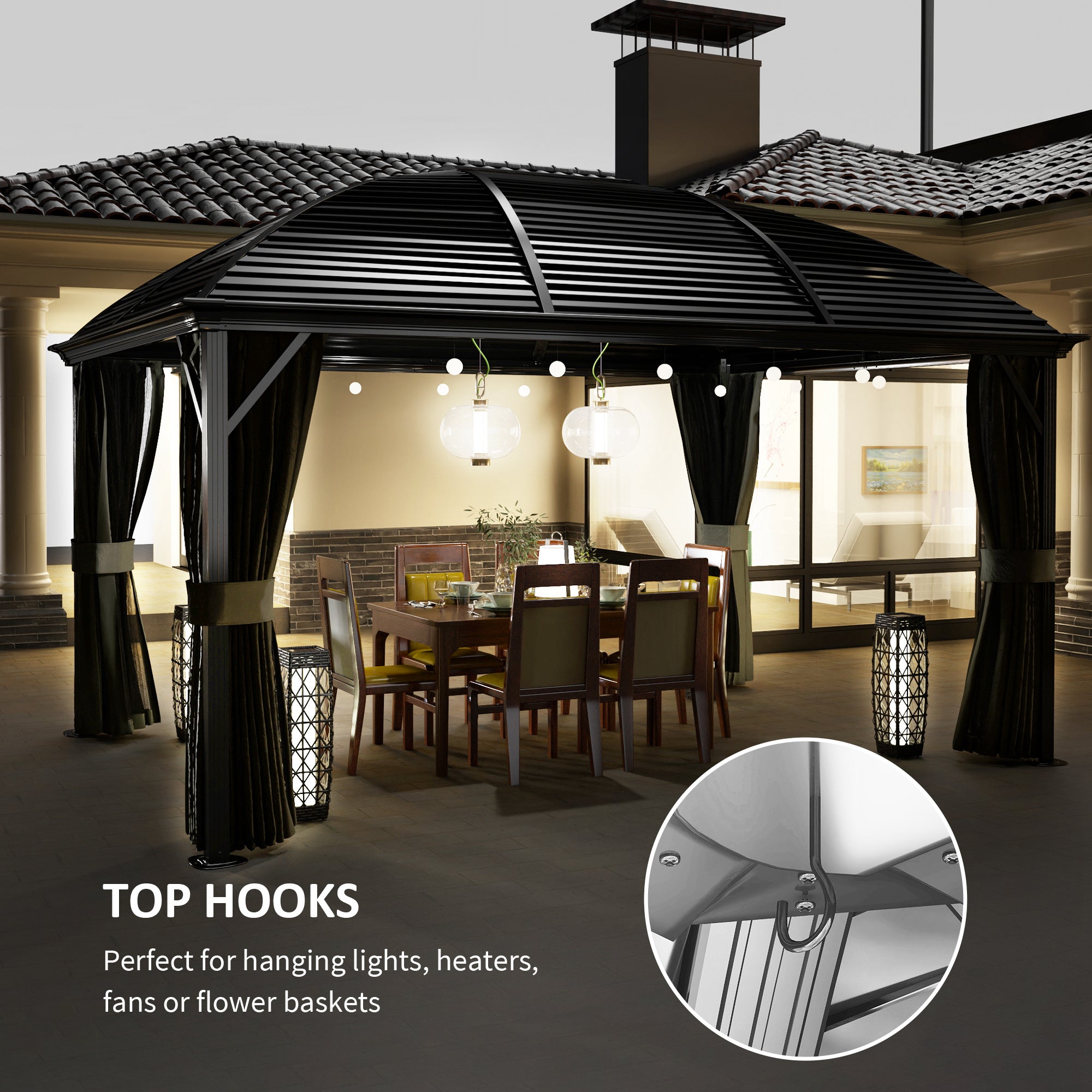 Outsunny 10' x 13' Aluminum Hardtop Gazebo showcasing top hooks designed for hanging lights and heaters, enhancing outdoor space with dark grey elegance.