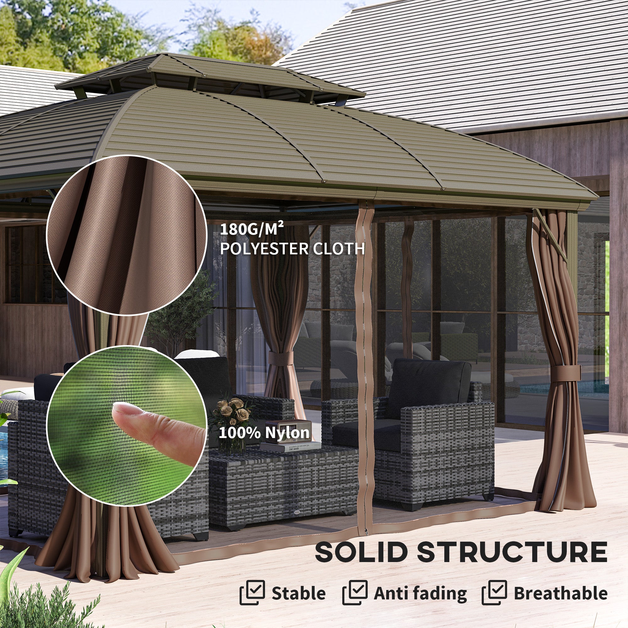 Close-up of the solid structure of the Outsunny 10' x 12' Hardtop Patio Gazebo showcasing durable polyester curtains and mesh.