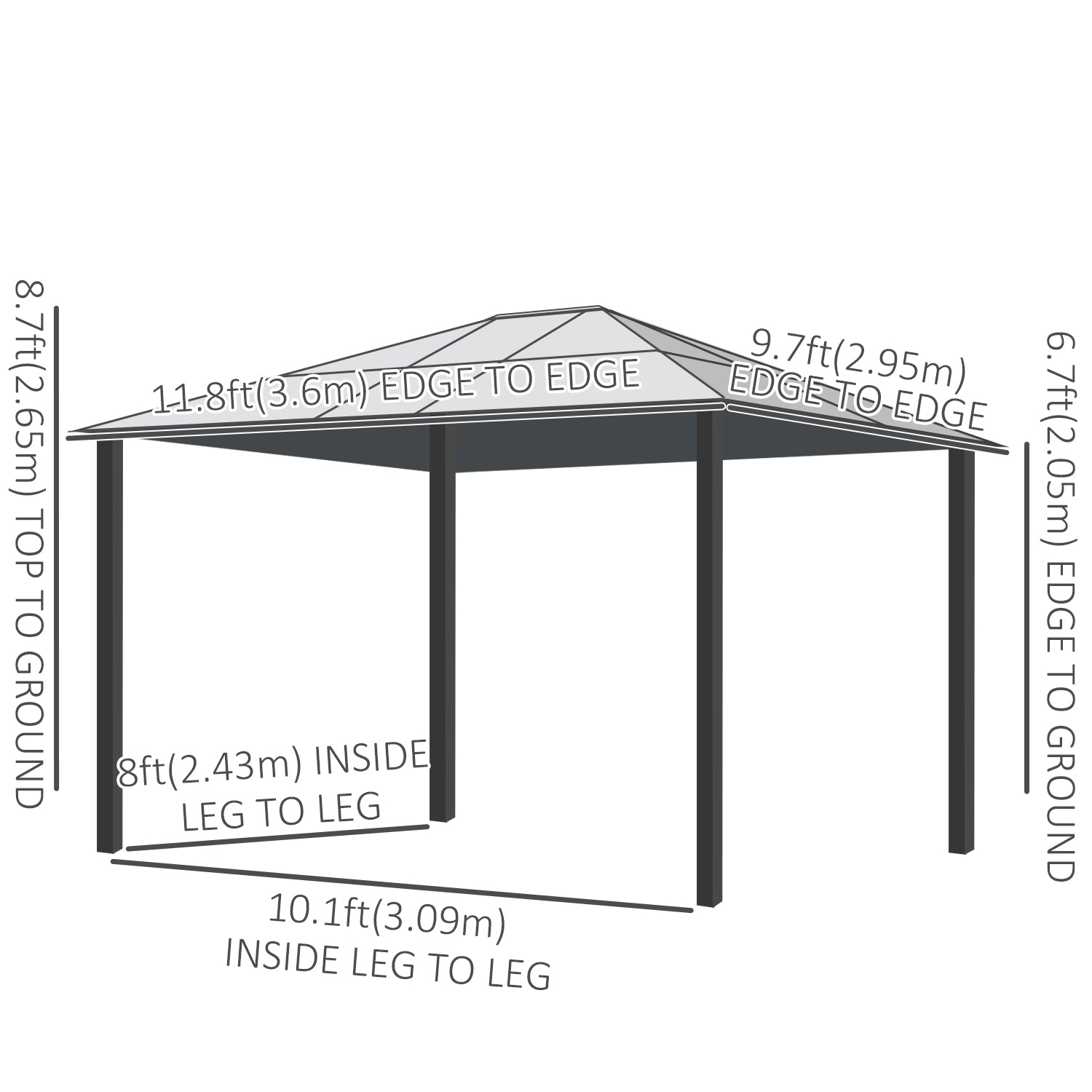 Dimensions of the Outsunny 12' x 10' Hardtop Gazebo, showcasing its height and width details for a spacious setup.