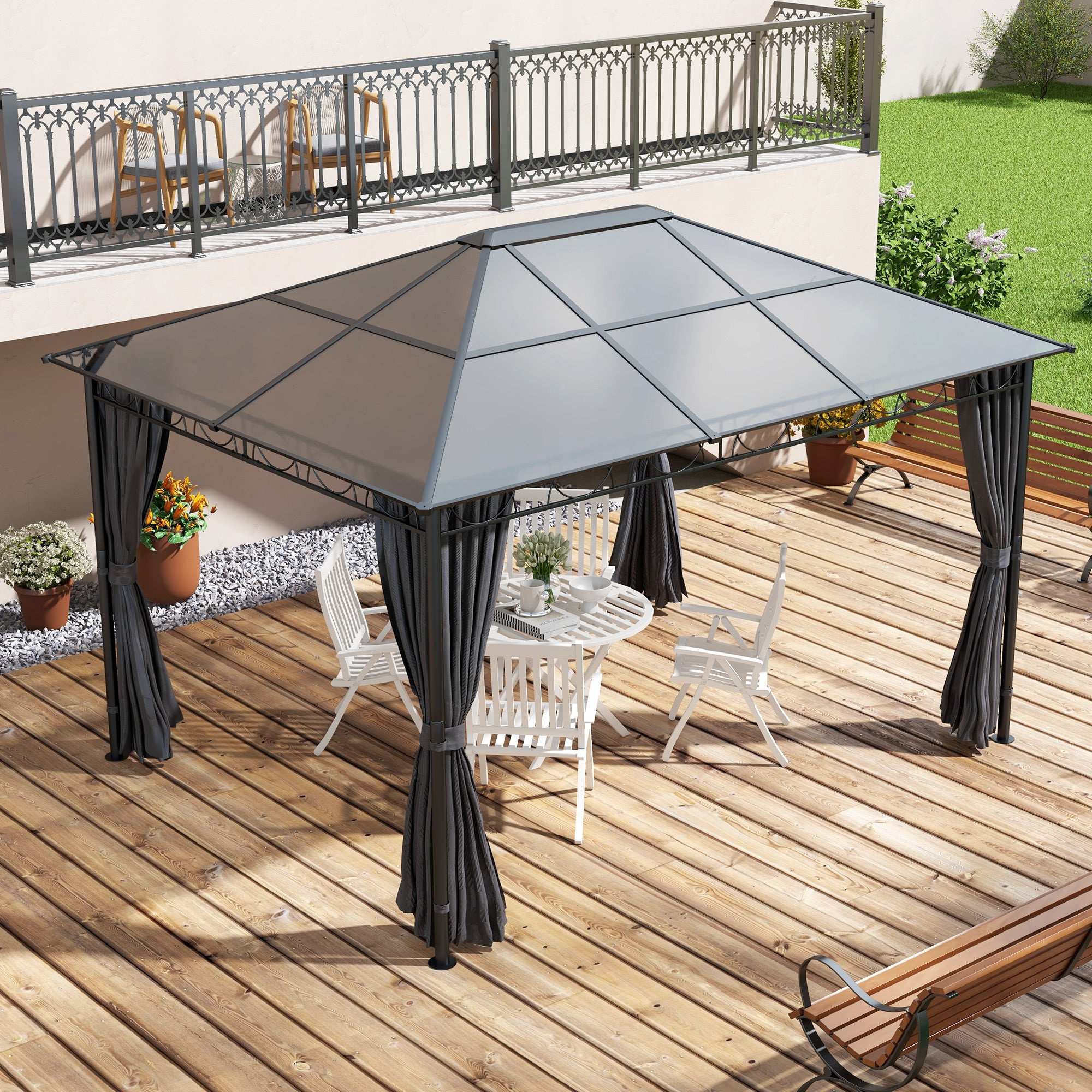 Outdoor view of the Outsunny 10' x 10' Hardtop Gazebo, elegantly set up with chairs and décor, perfect for relaxation and gatherings.