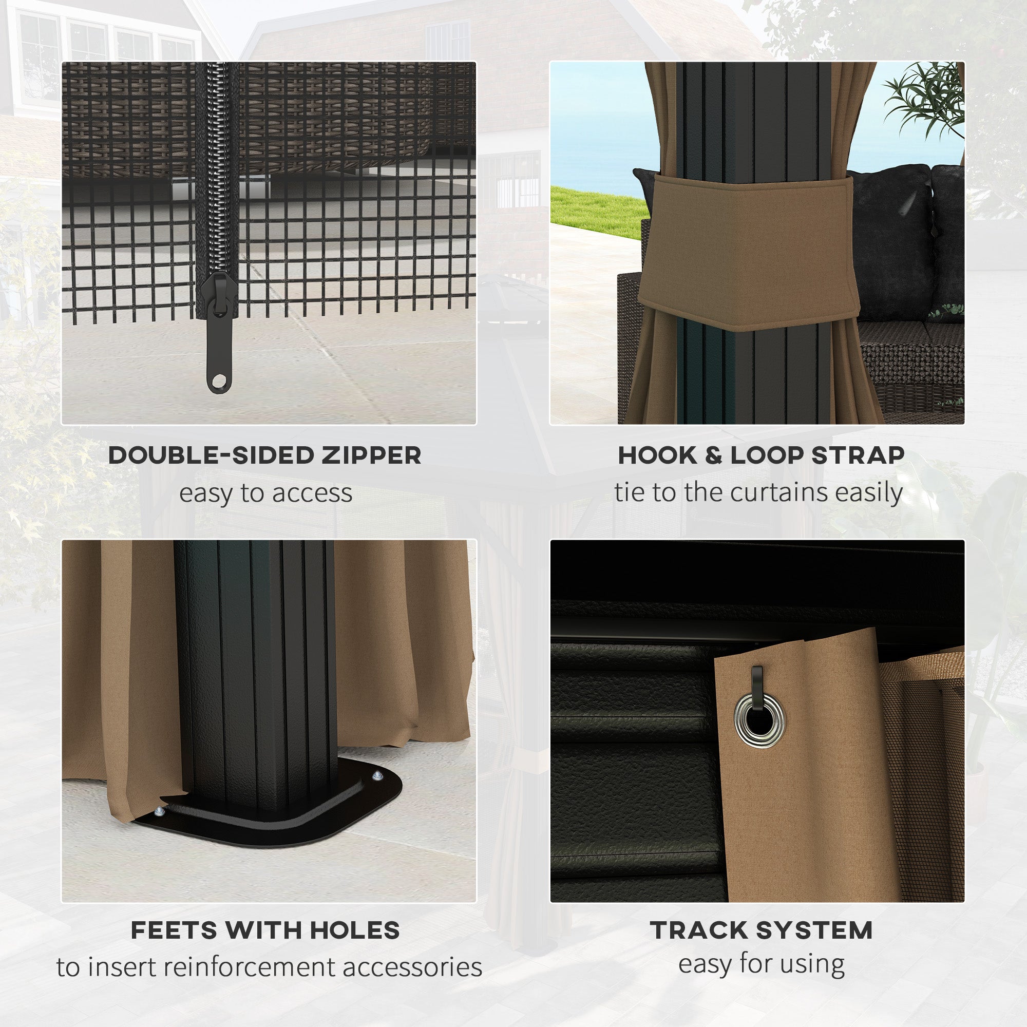 Outsunny 10' X 10' Hardtop Gazebo features a close-up of a double-sided zipper for easy access. Ideal for outdoor gatherings with protective netting and curtains.