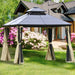 Outsunny 10' x 10' Metal Hardtop Gazebo Canopy with Polycarbonate Roof showcased in a garden setting, featuring elegant curtains and vibrant flowers in the background.