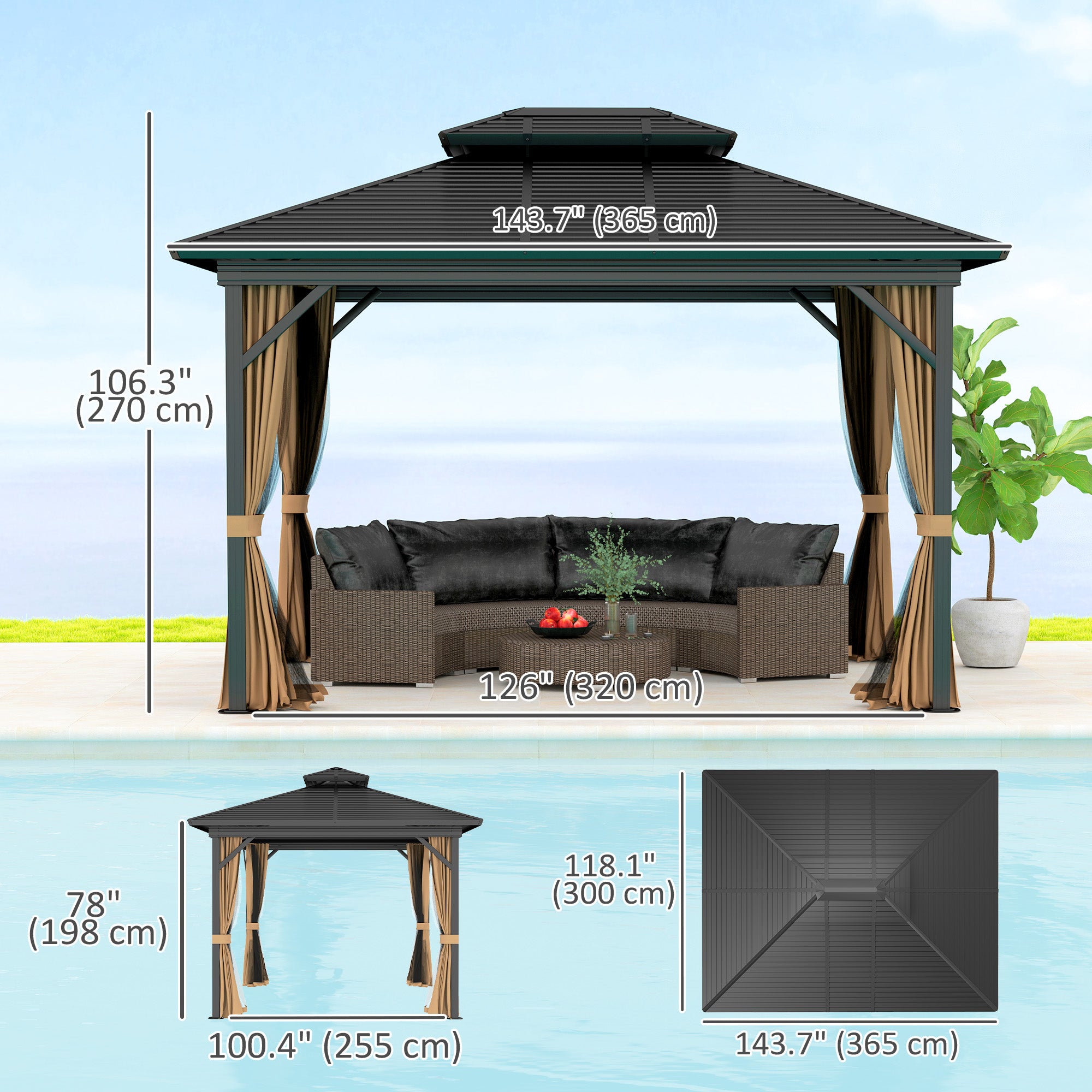 Dimensions of the Outsunny 10' x 12' Hardtop Patio Gazebo displayed beside outdoor furniture by the pool, showcasing its spacious design and metal roof structure.