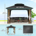 Dimensions of the Outsunny 10' x 12' Hardtop Patio Gazebo displayed beside outdoor furniture by the pool, showcasing its spacious design and metal roof structure.